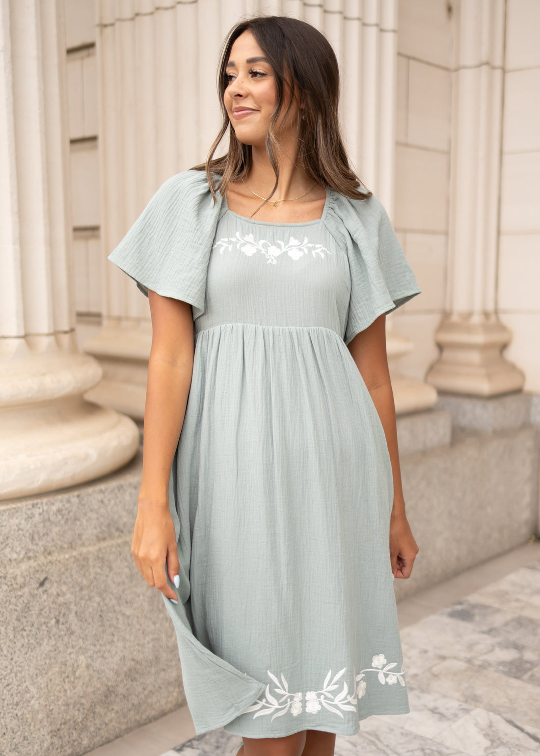 Clarisse Light Sage Embroidered Dress