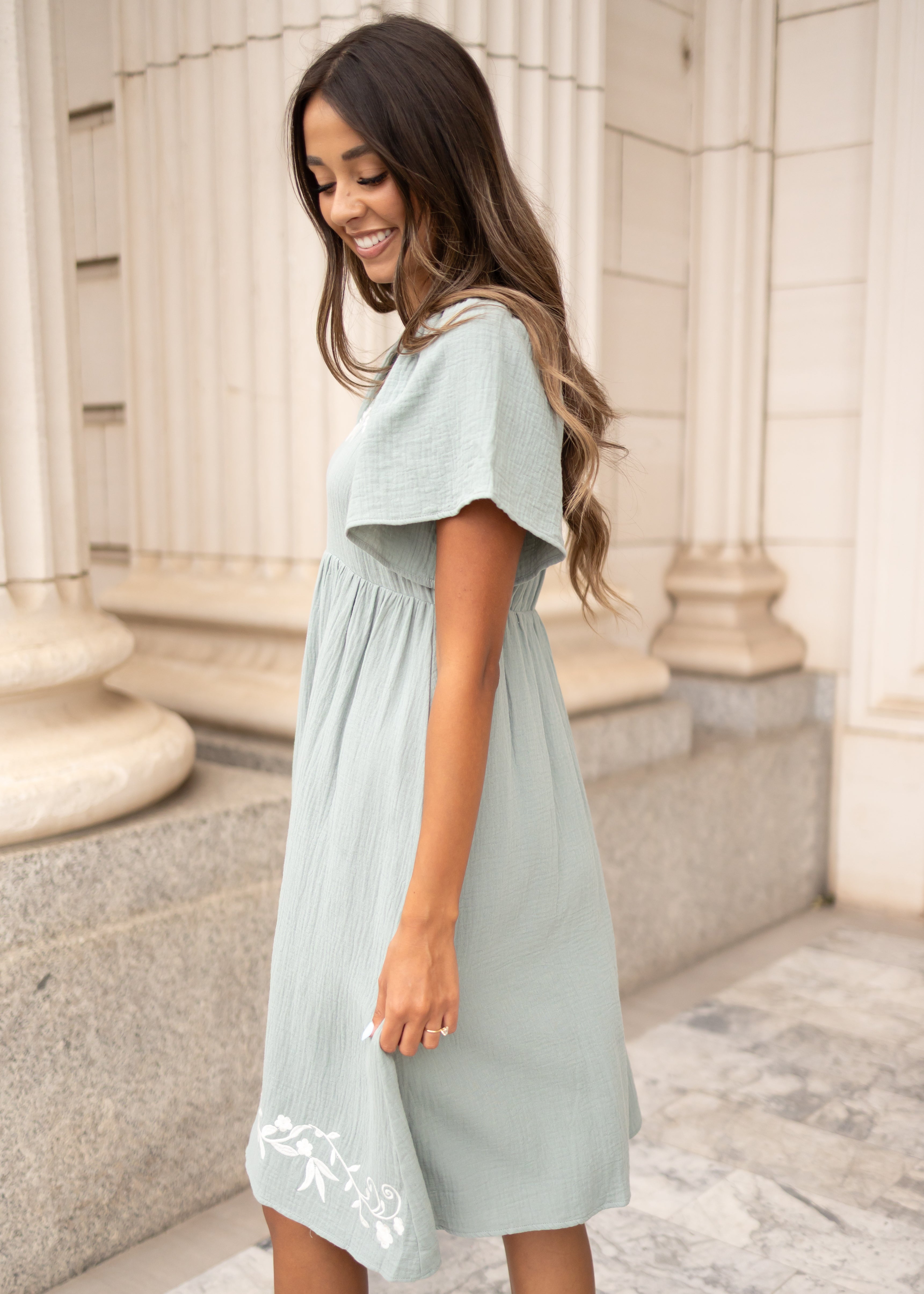 Clarisse Light Sage Embroidered Dress