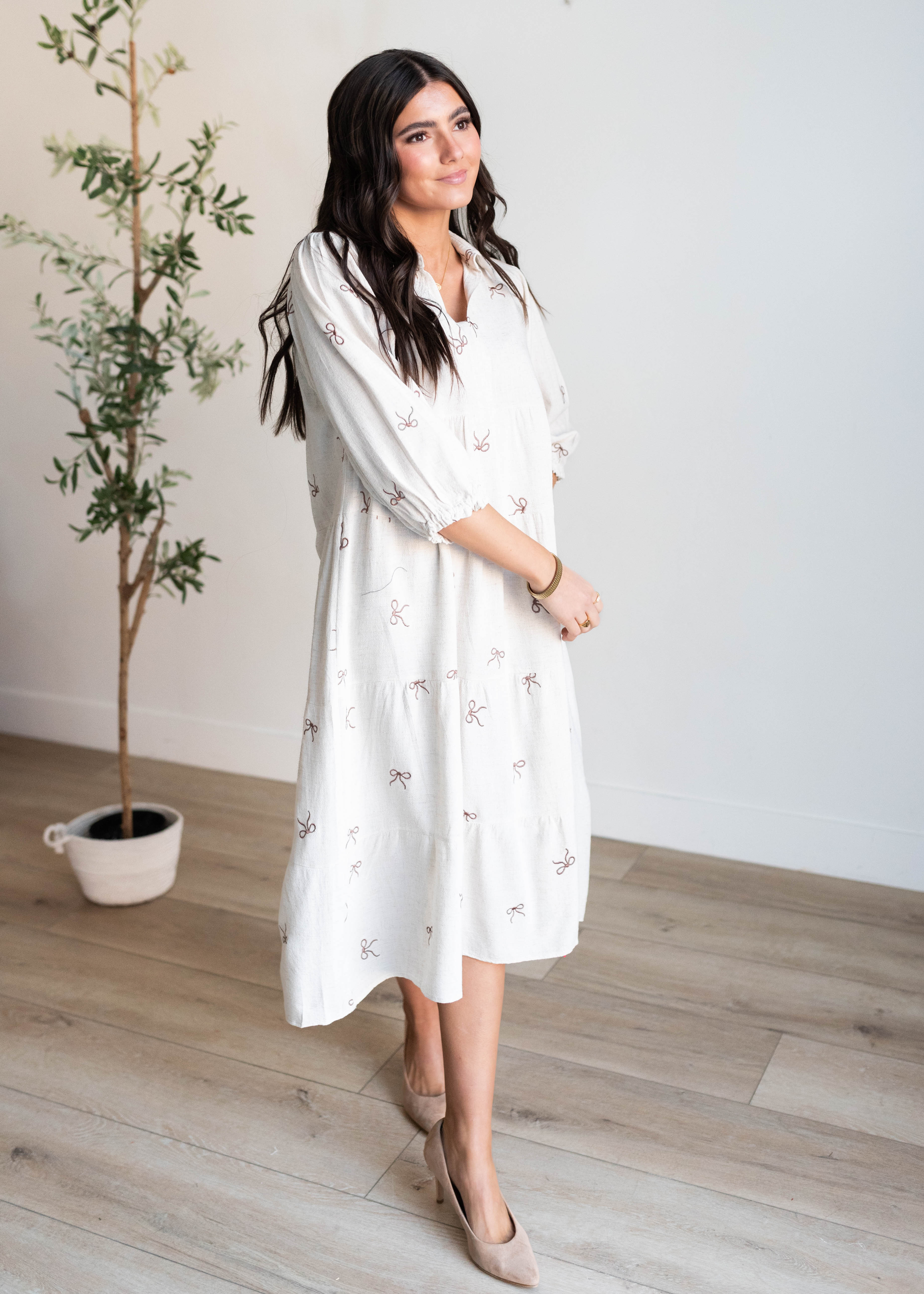 Maria Oatmeal Embroidered Bow Dress