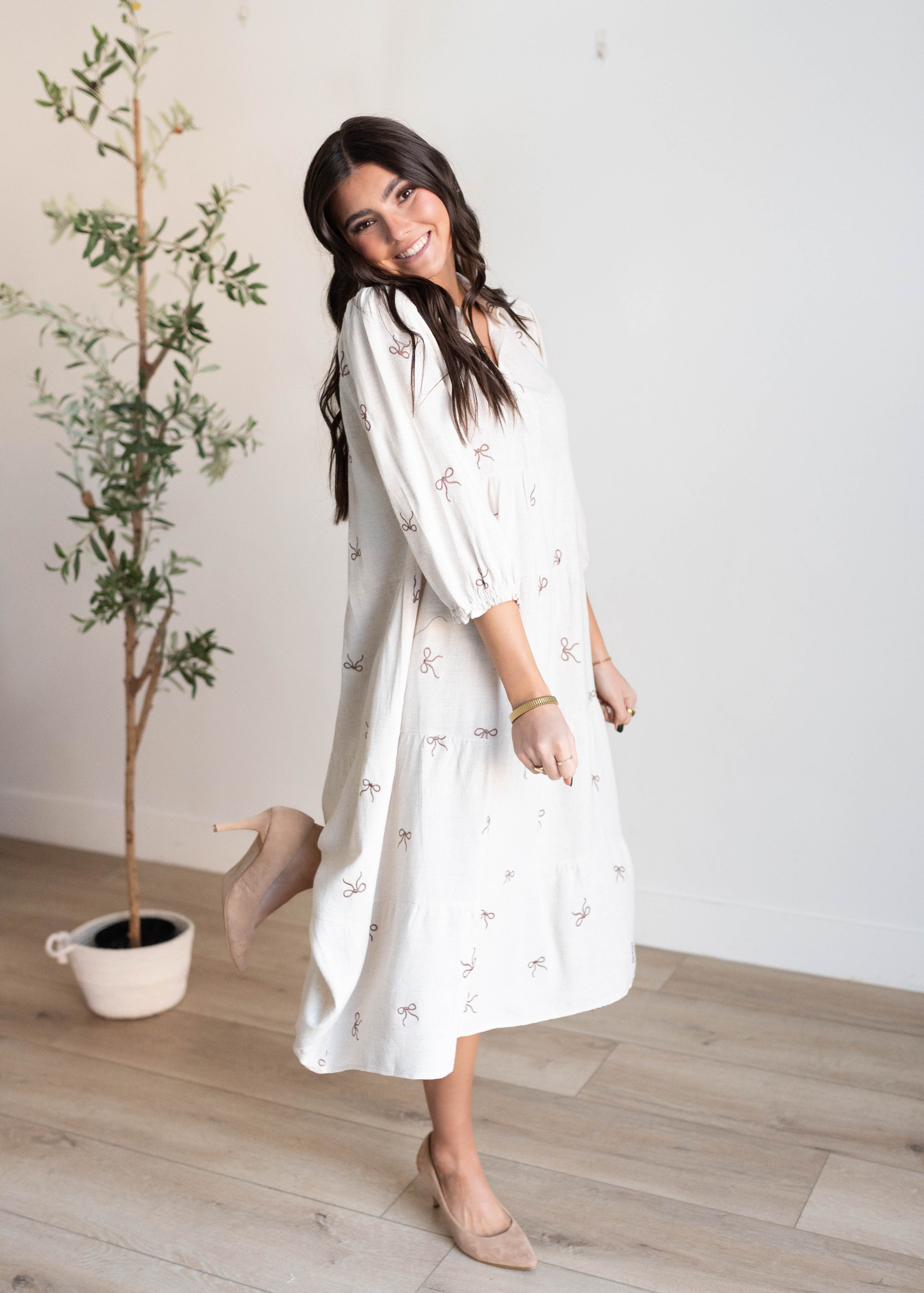 Maria Oatmeal Embroidered Bow Dress