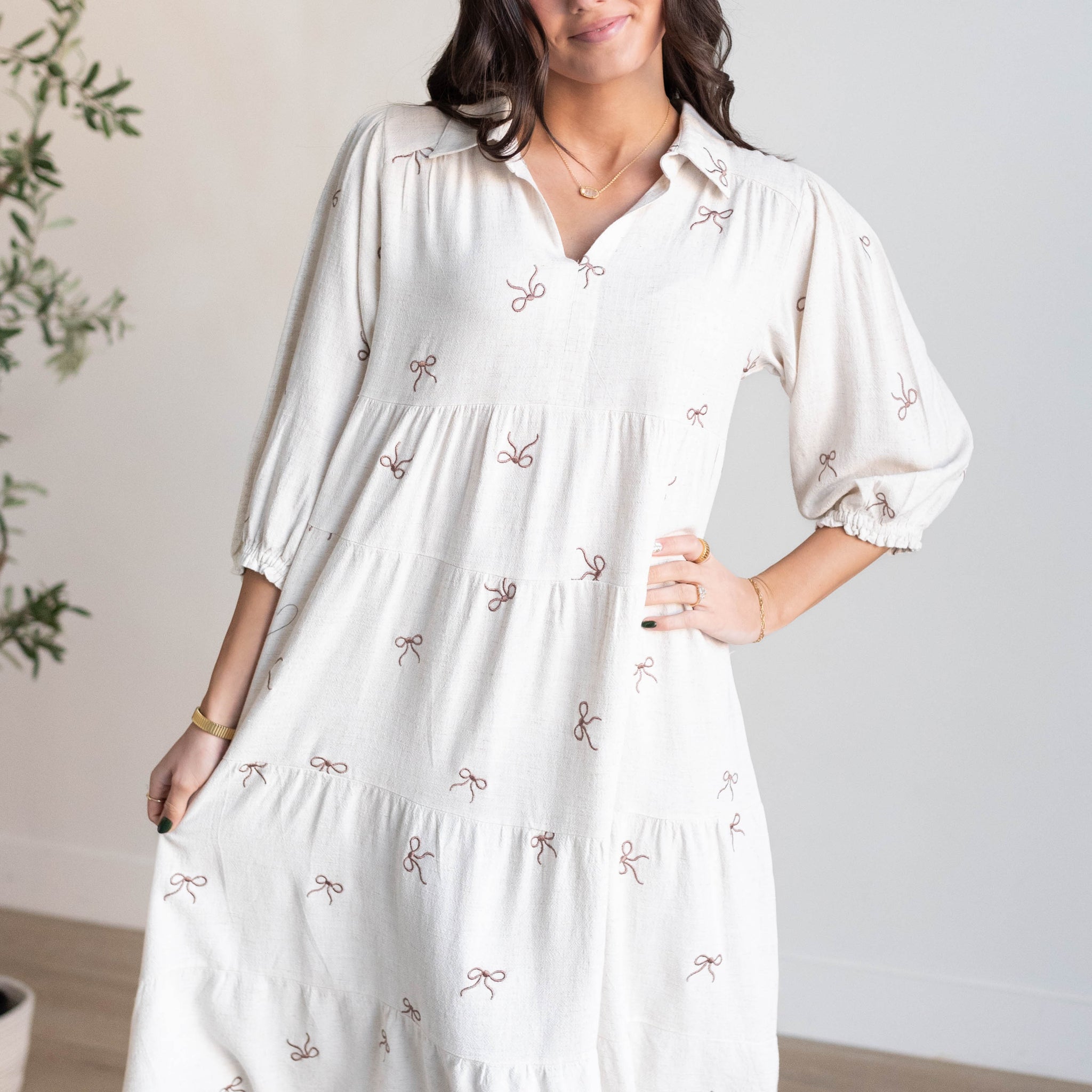 Maria Oatmeal Embroidered Bow Dress