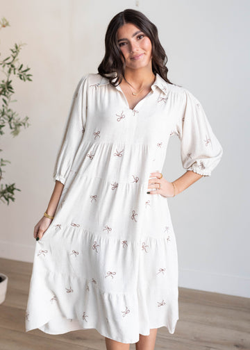 Maria Oatmeal Embroidered Bow Dress