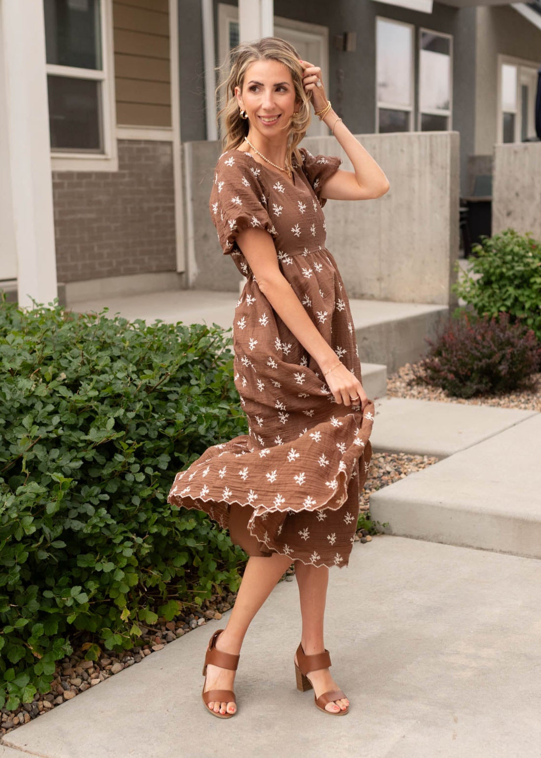 Dakota Walnut Floral Embroidered Dress