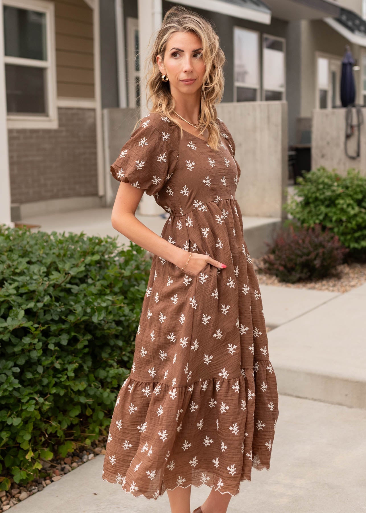 Dakota Walnut Floral Embroidered Dress
