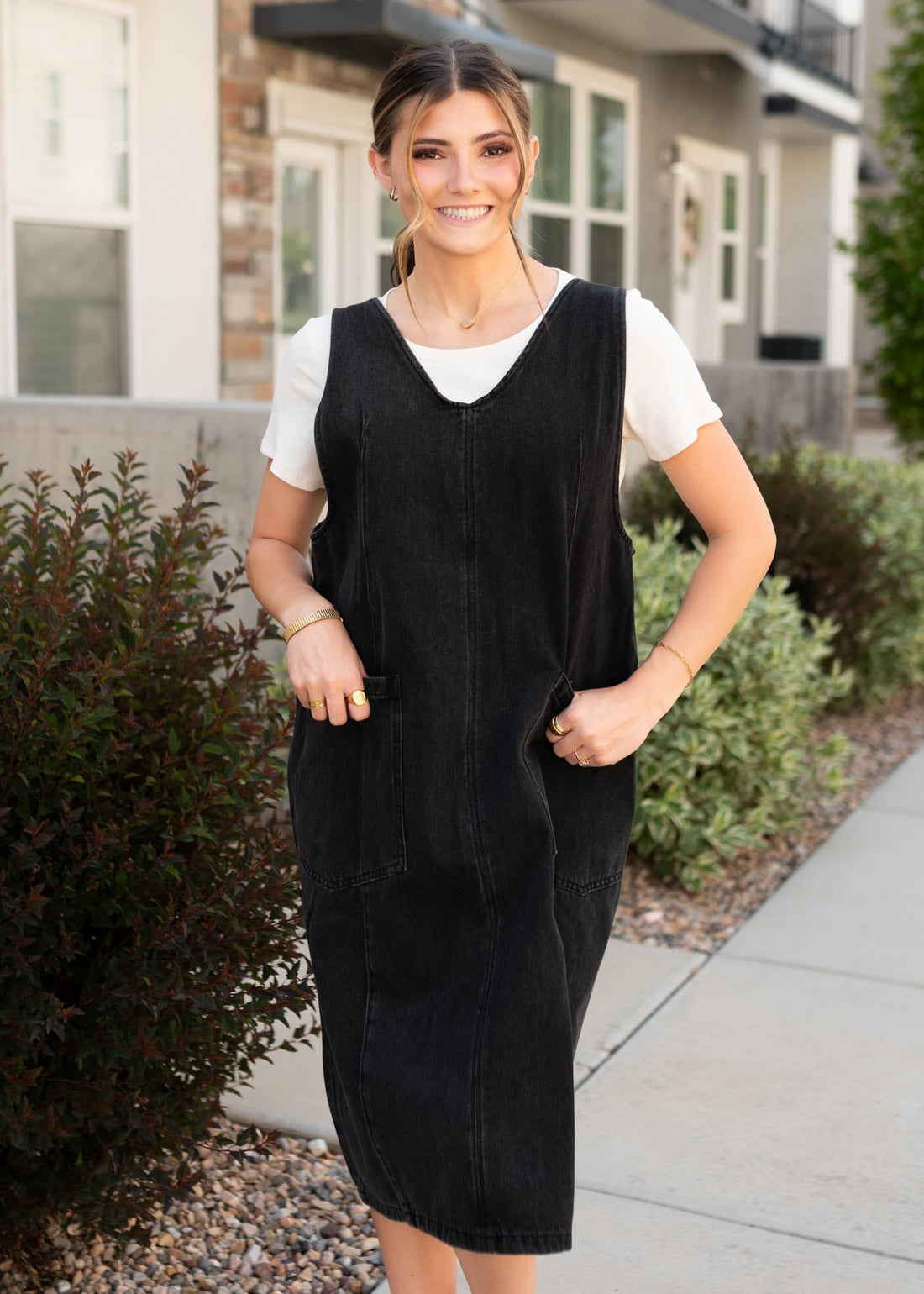 Danae Black Denim Overall Dress