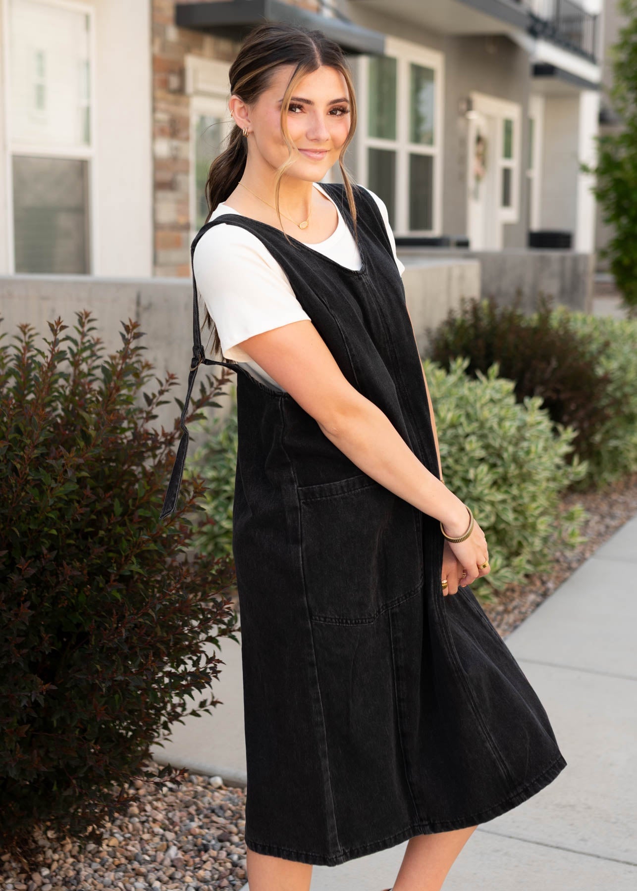 Danae Black Denim Overall Dress