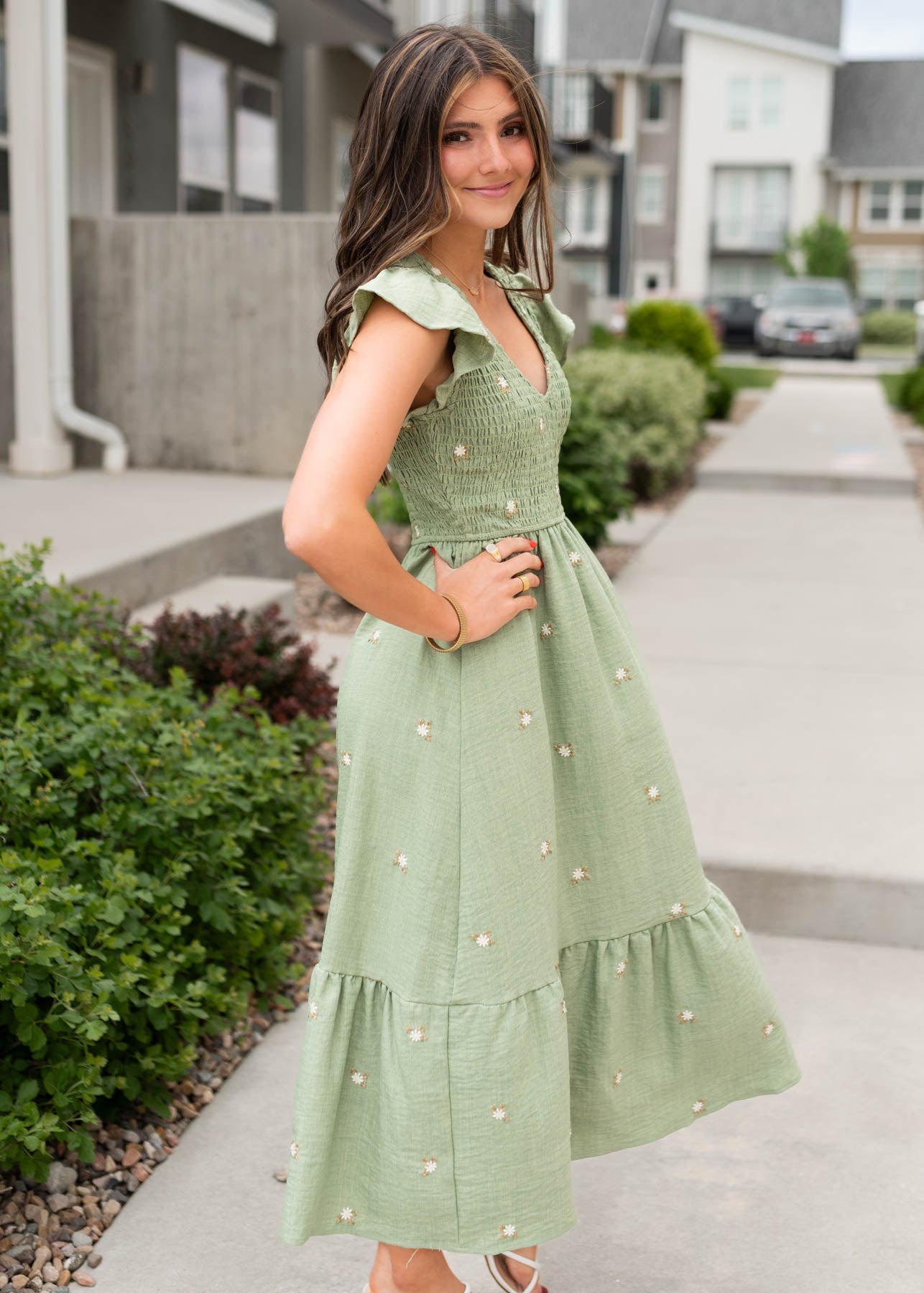 Danielle Olive Floral Embroidered Dress