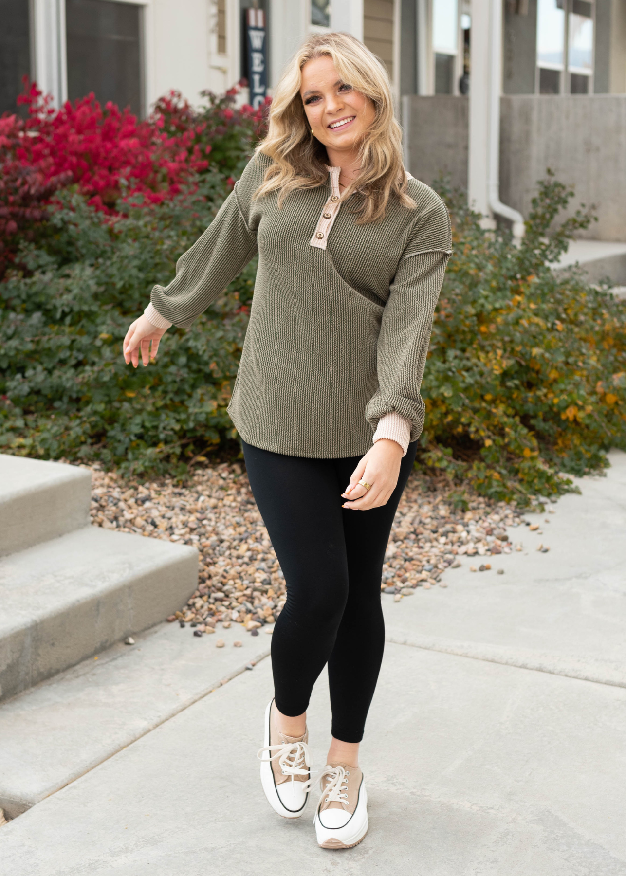 Darla Olive Rib Button Top