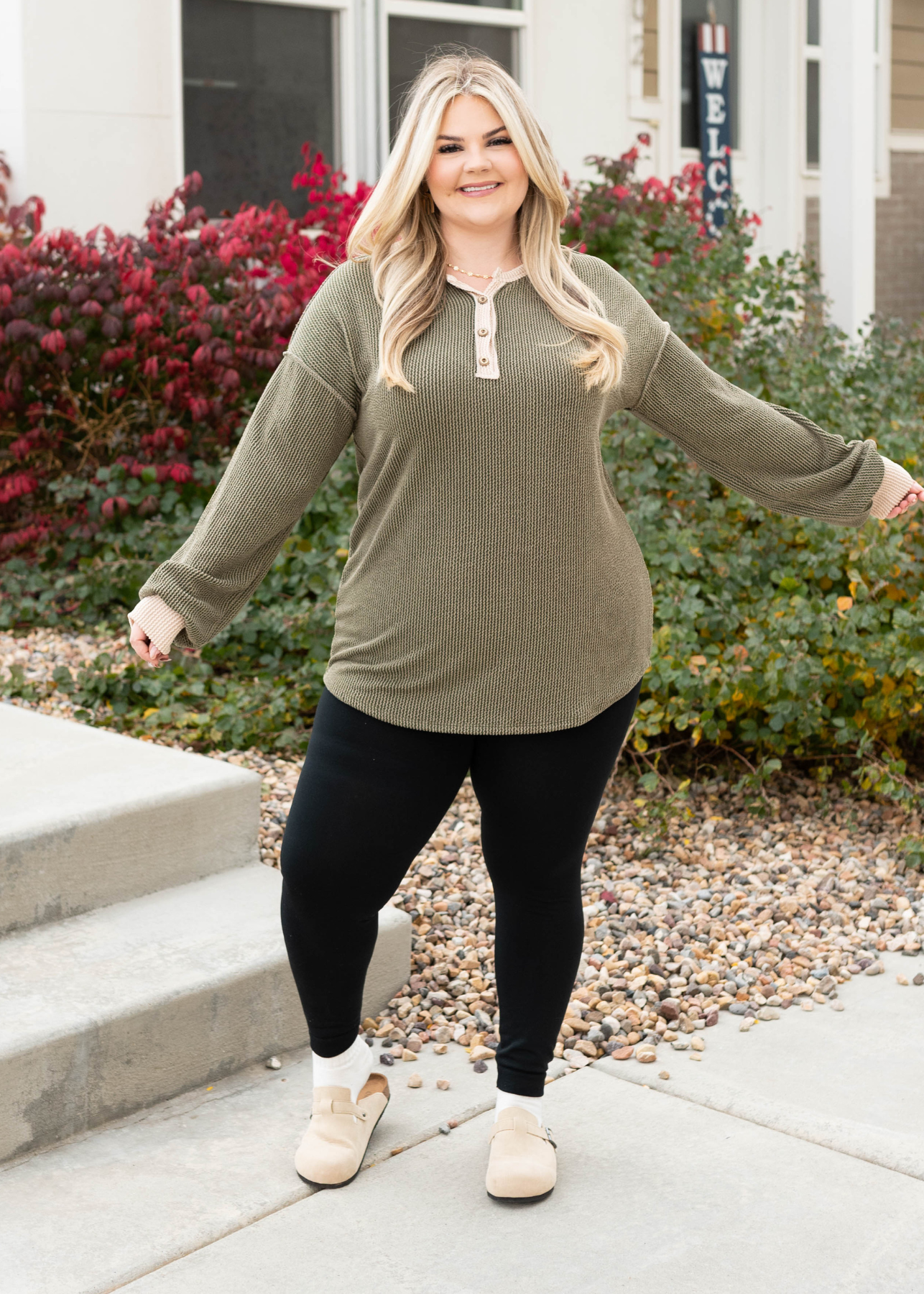 Darla Olive Rib Button Top