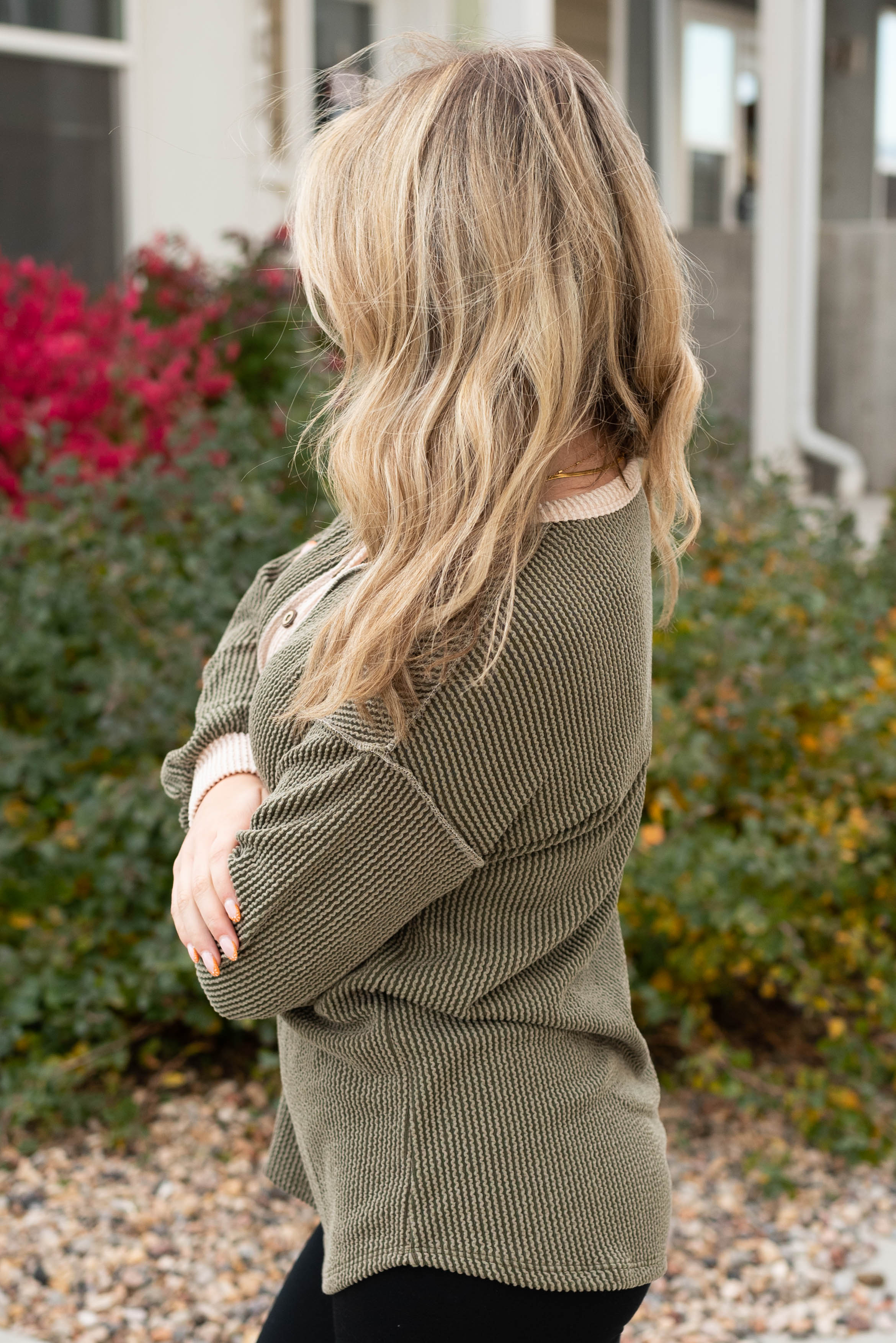 Darla Olive Rib Button Top