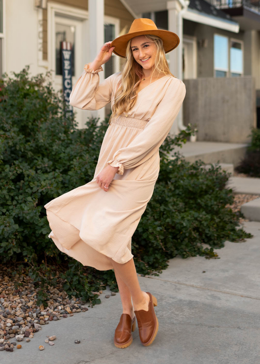 Dayten Beige V Neck Dress