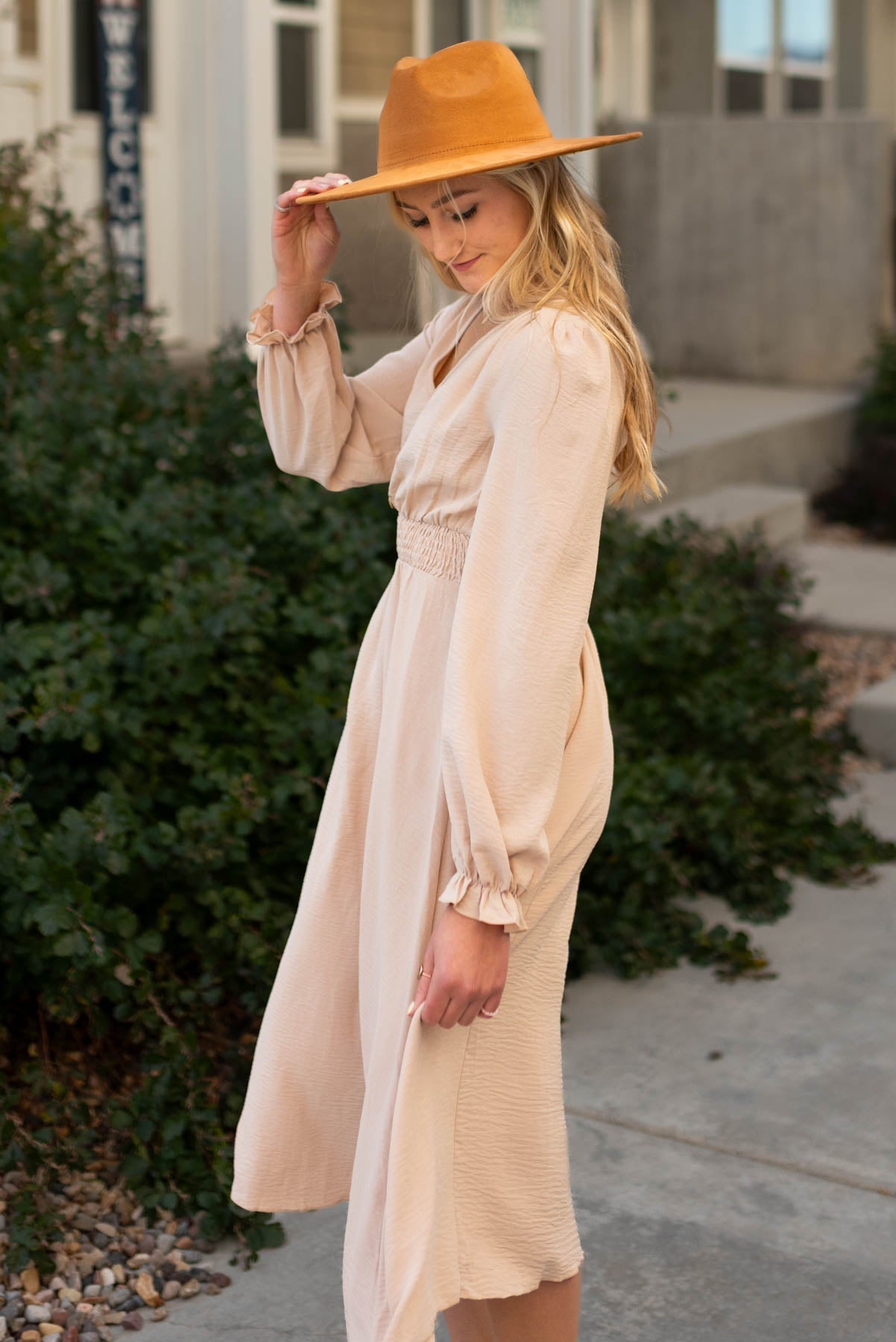 Dayten Beige V Neck Dress