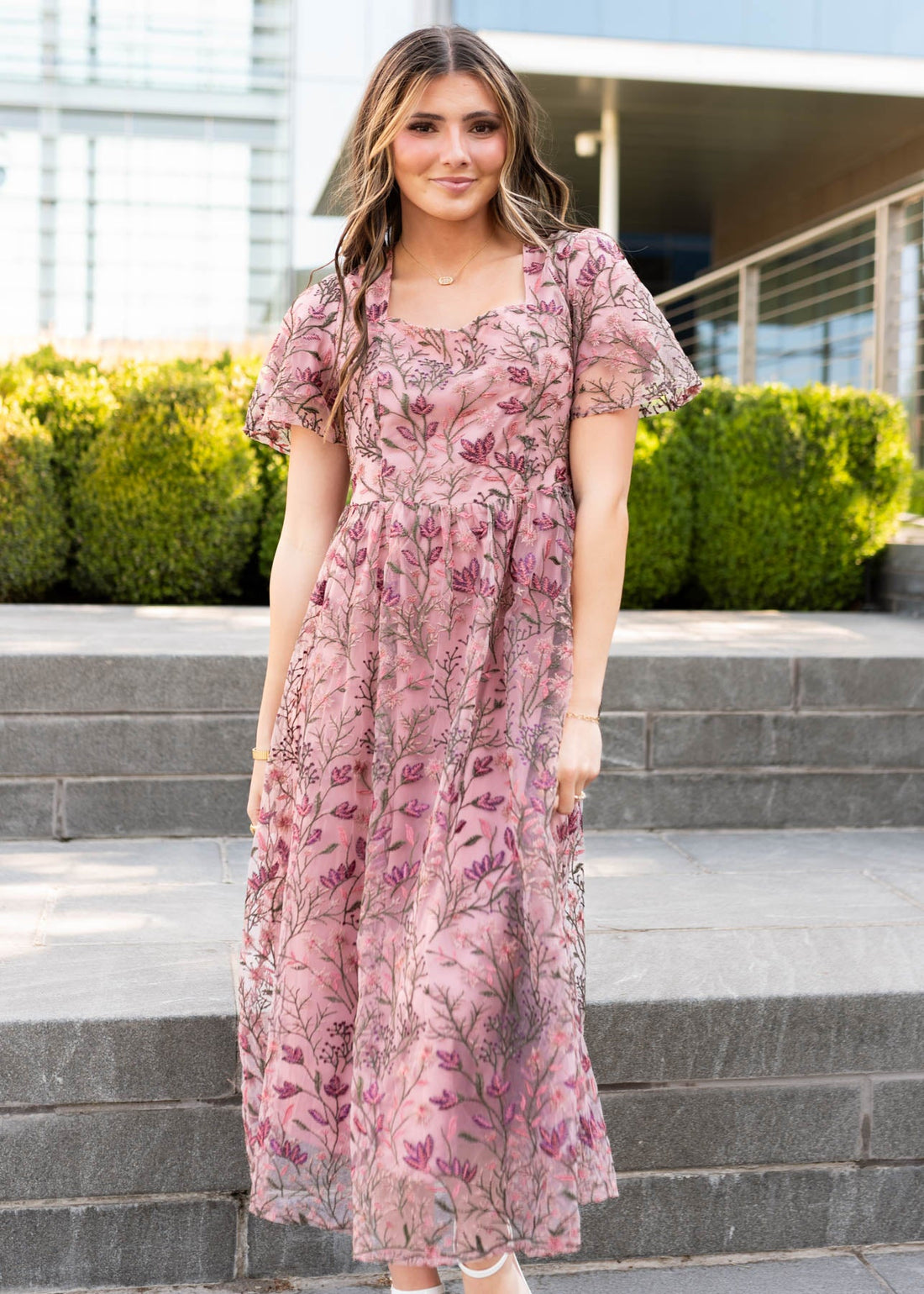 Delcy Antique Pink Embroidered Dress