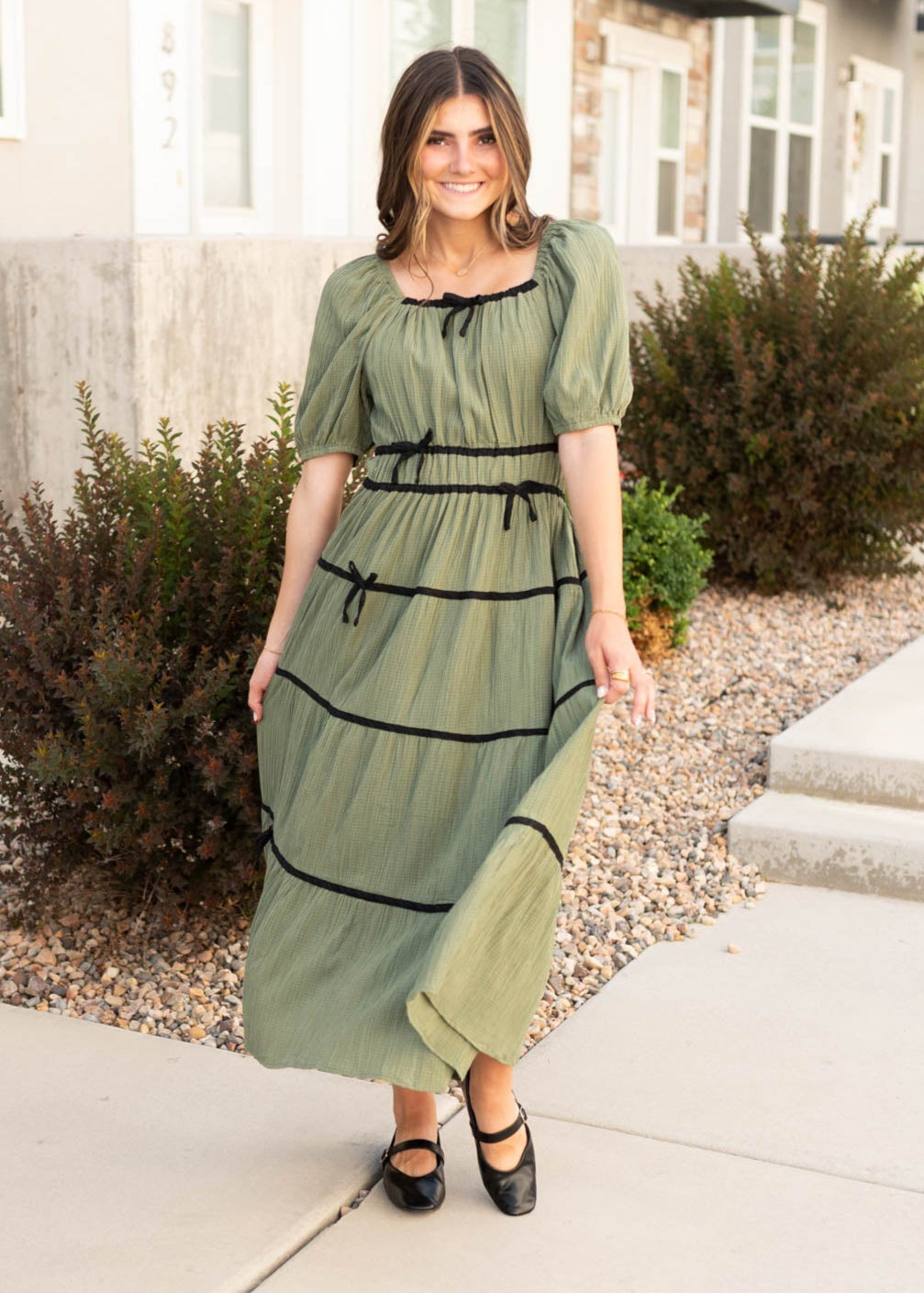 Elina Olive Tiered Dress