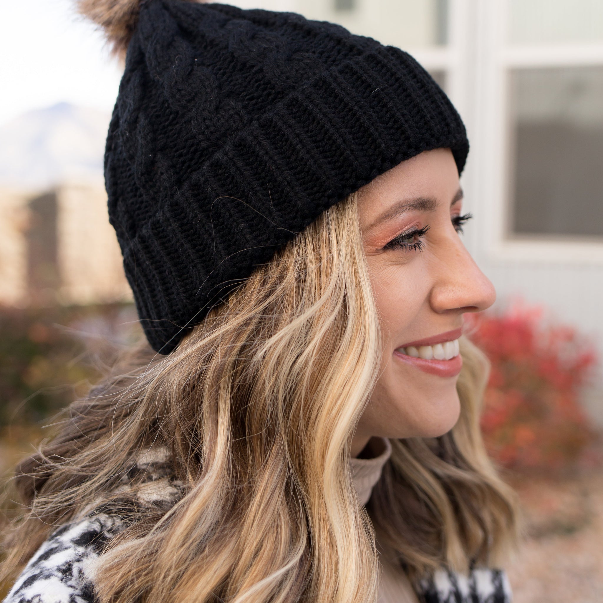 Emmie Black Knit Pom Pom Beanie