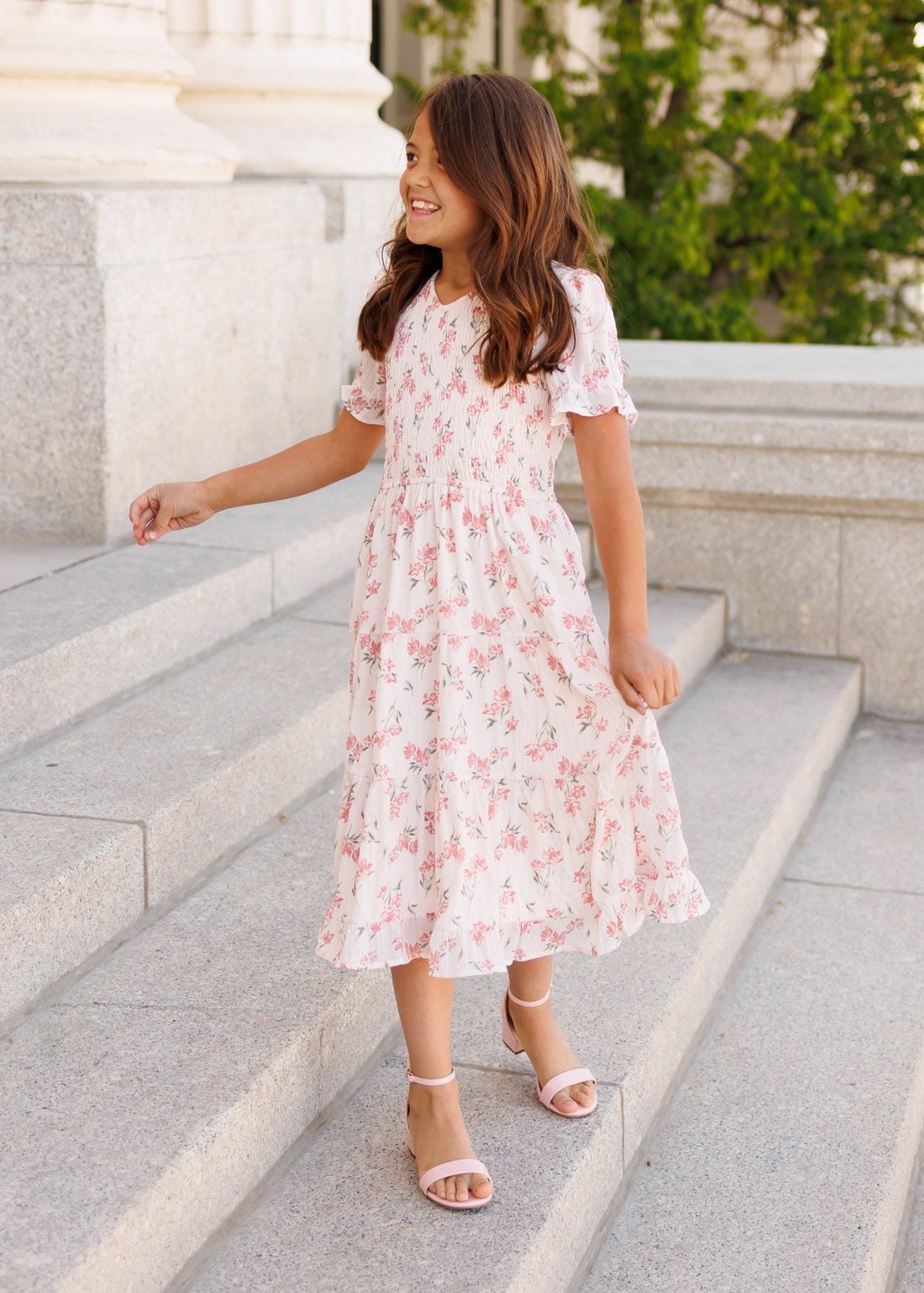 Emmie Pink Floral Tiered Little Girl Dress