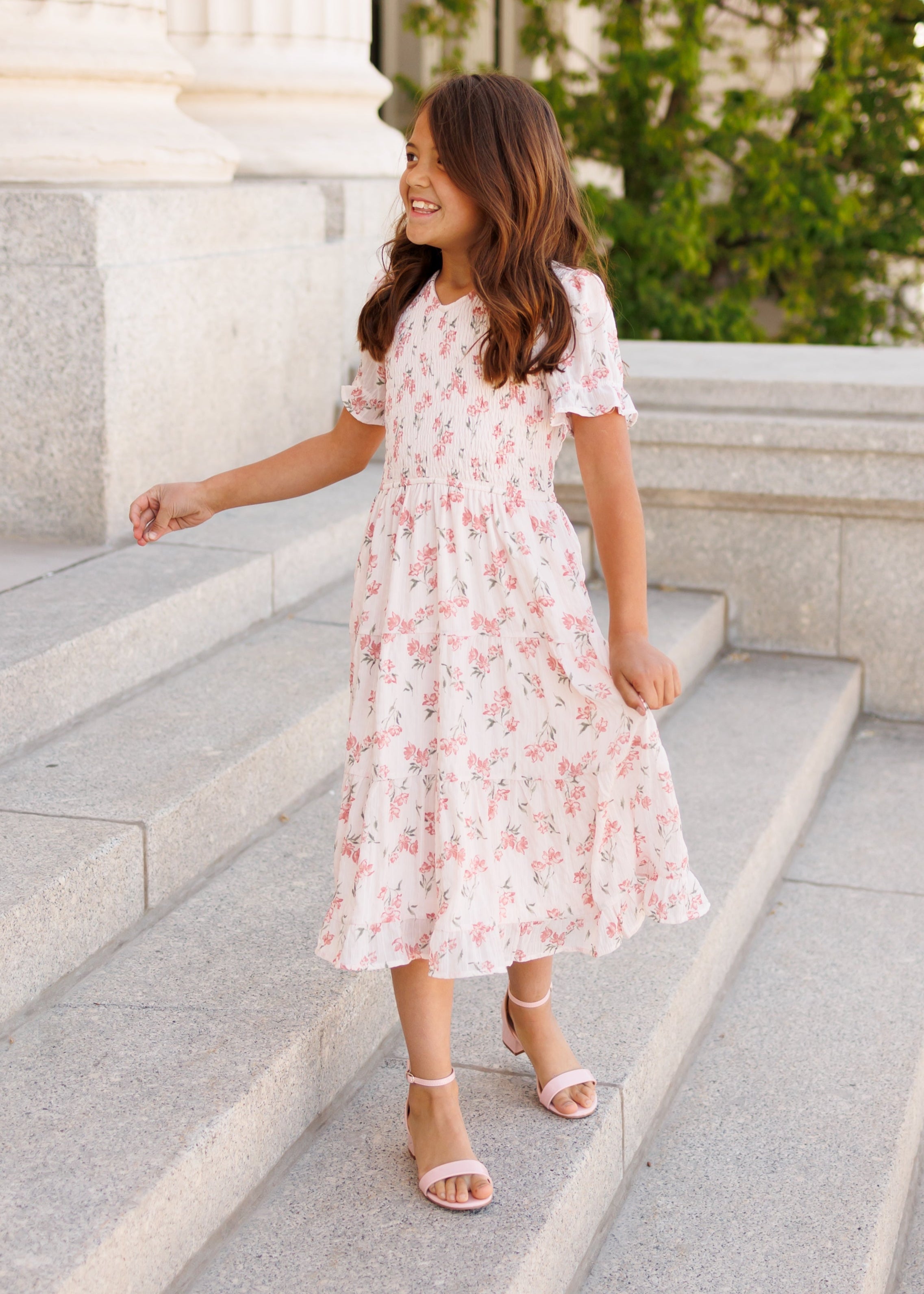 Emmie Pink Floral Tiered Little Girl Dress