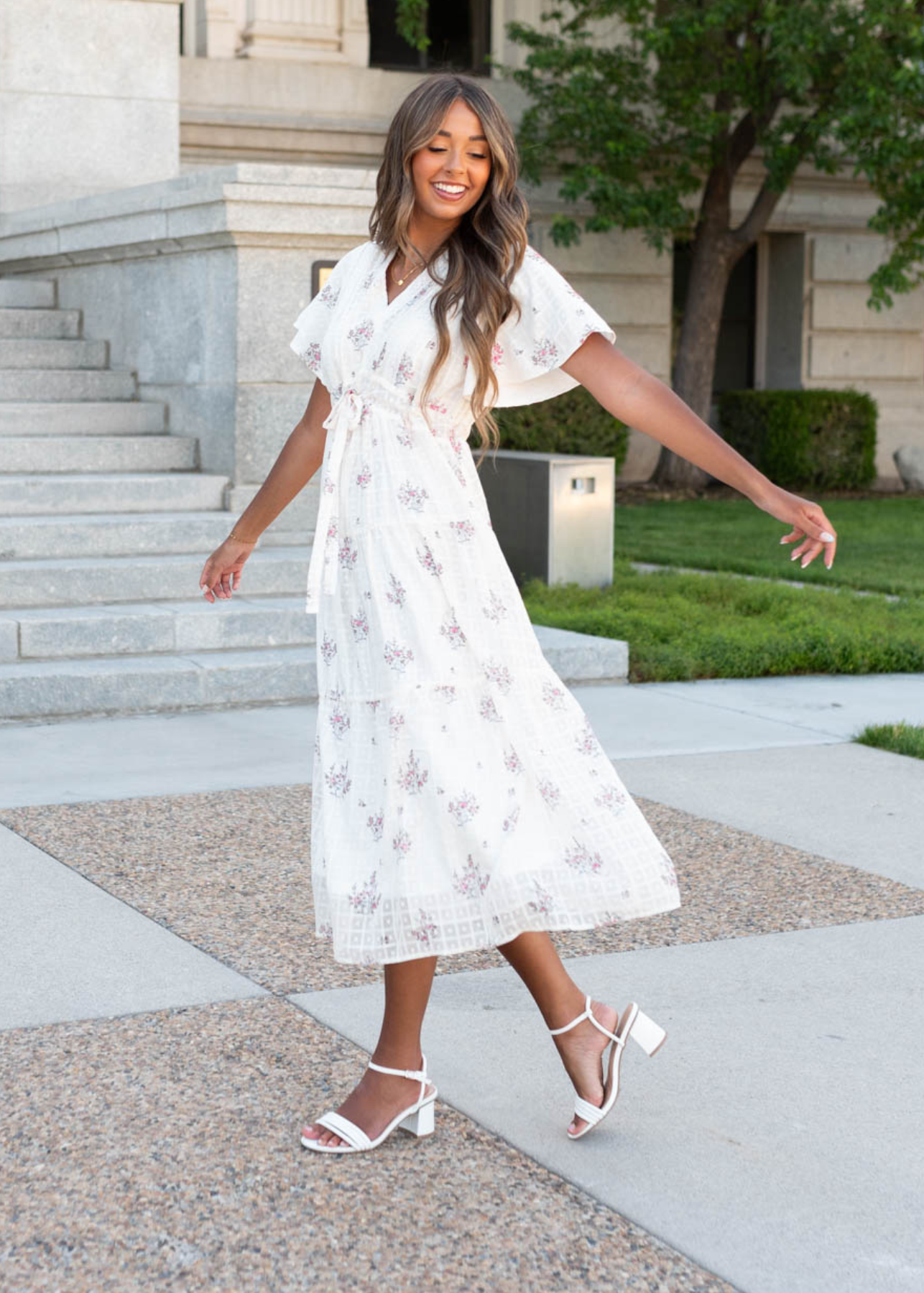 Ethina Cream Floral Tiered Dress