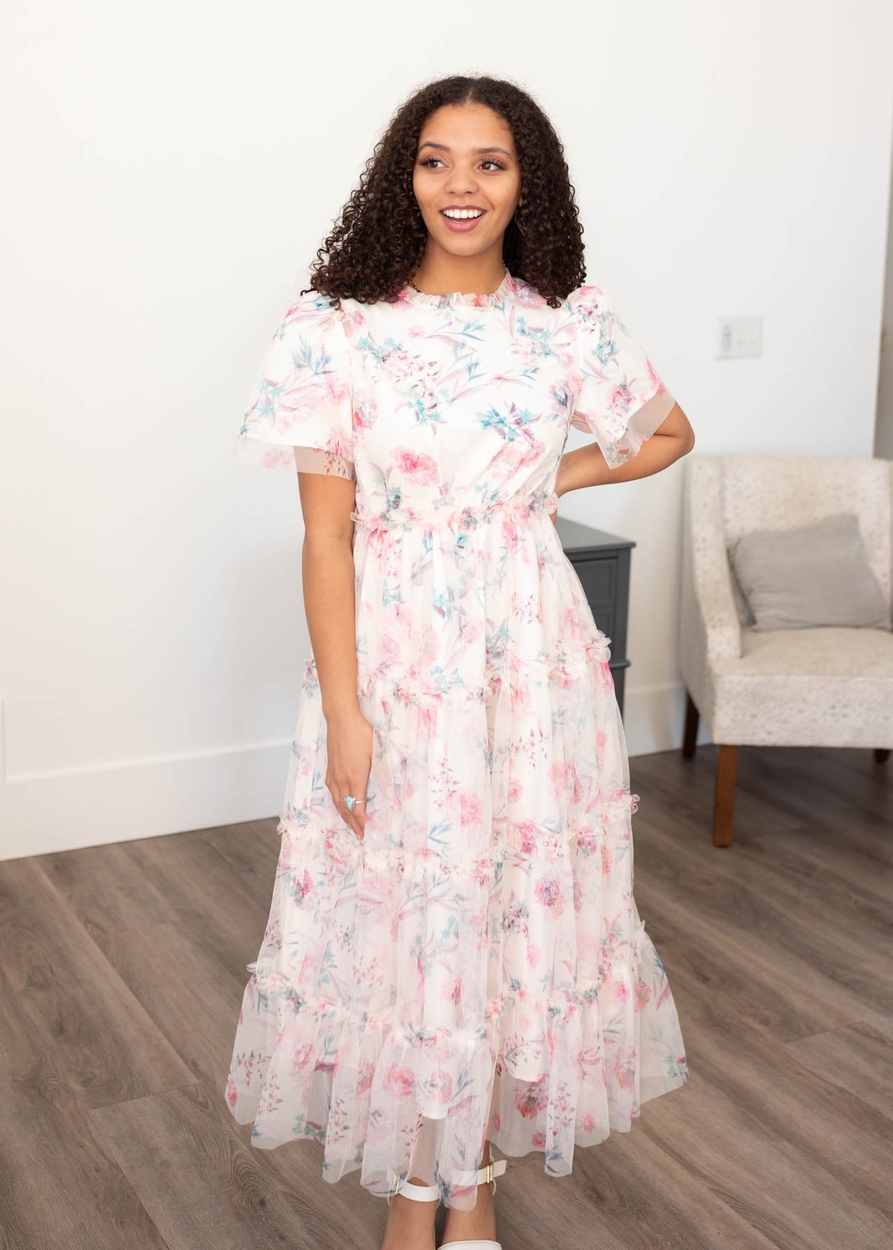 Eva Pink Floral Mesh Dress