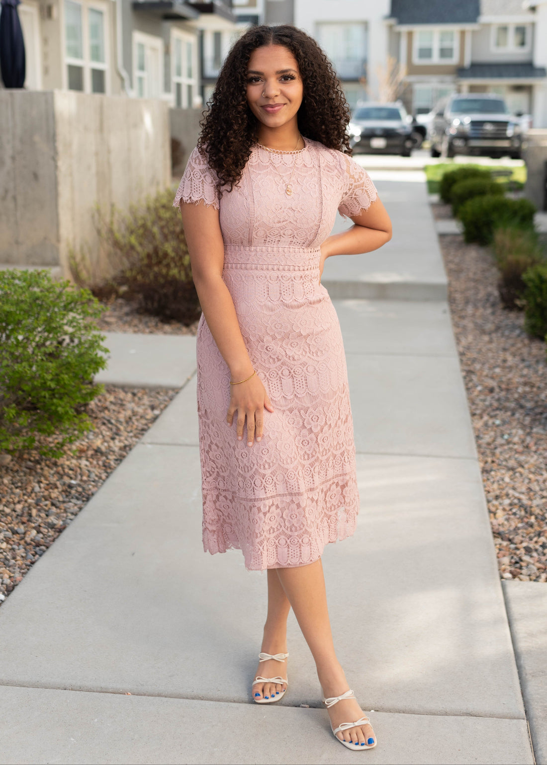 Evangeline Dusty Pink Lace Dress