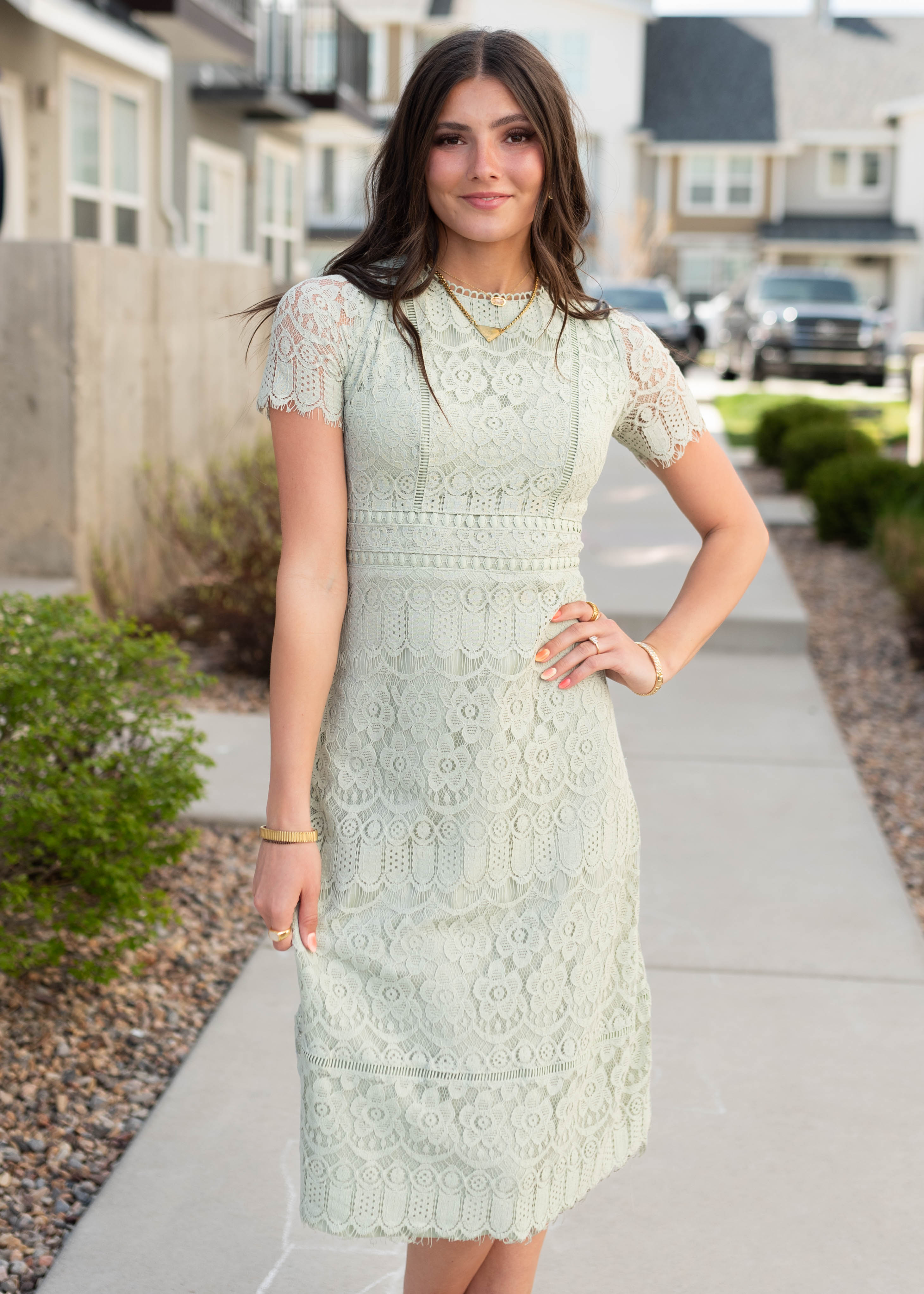 Evangeline Light Sage Lace Dress