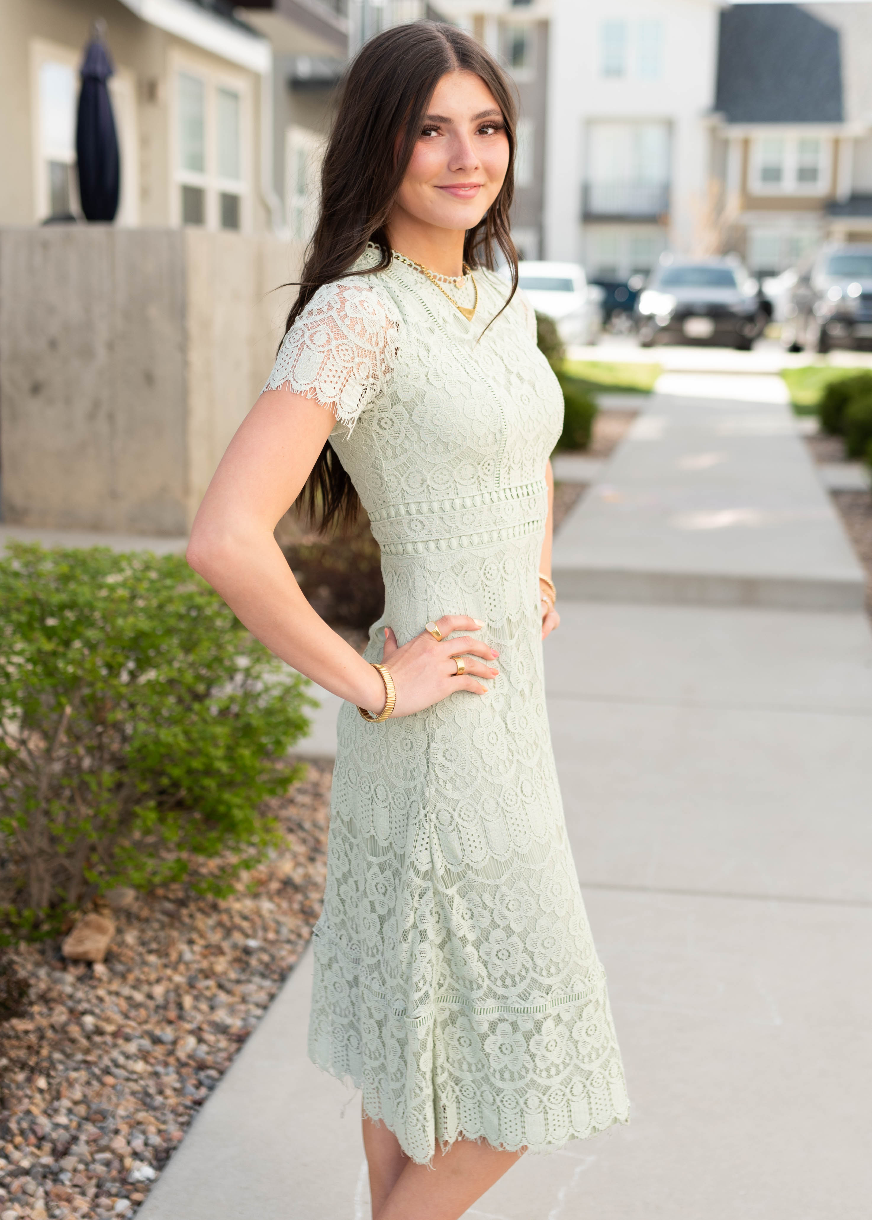 Evangeline Light Sage Lace Dress