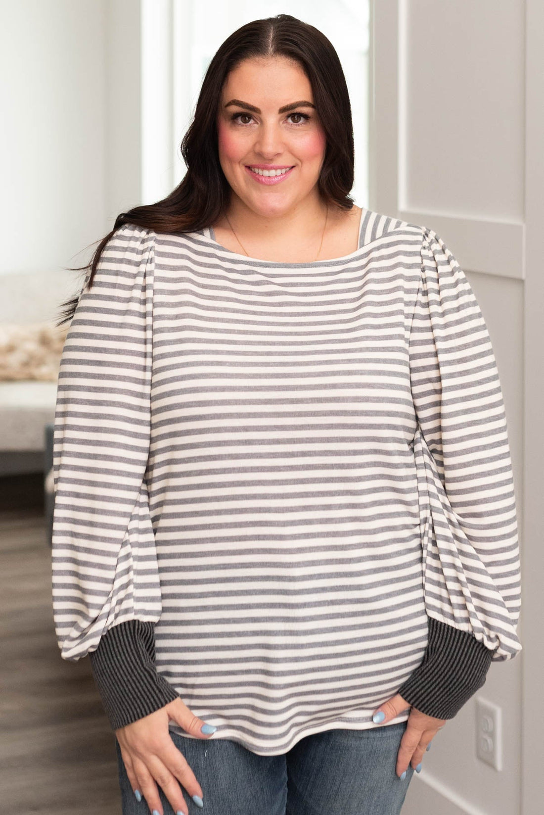 Evanna Grey Striped Long Sleeve Top