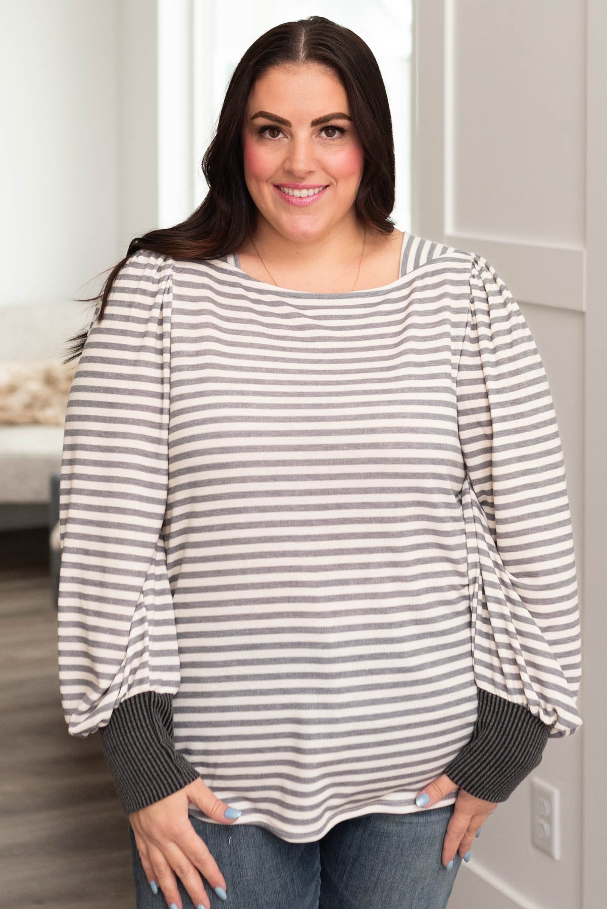 Evanna Grey Striped Long Sleeve Top
