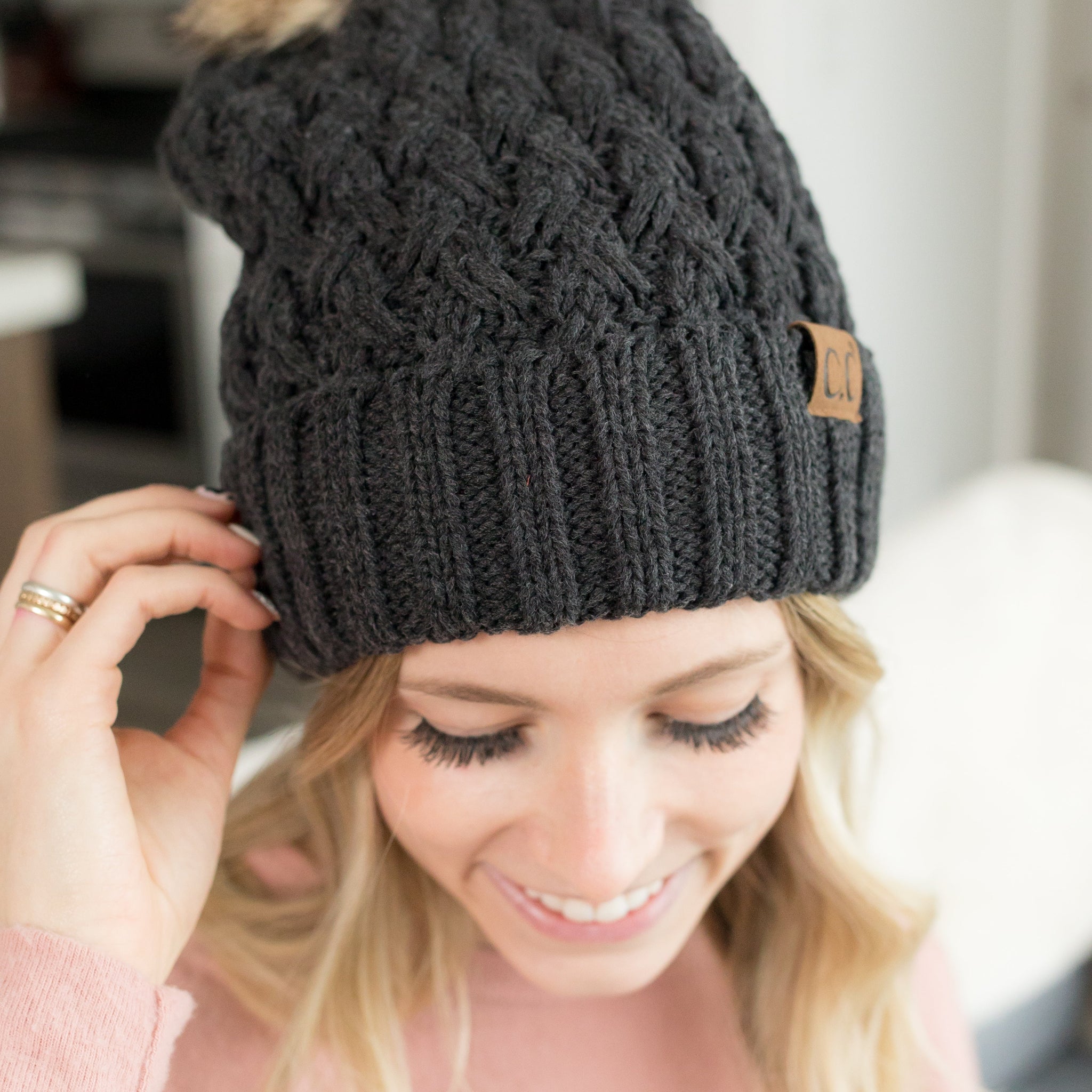 Evelyn Charcoal Knit Pom Pom C.C Beanie