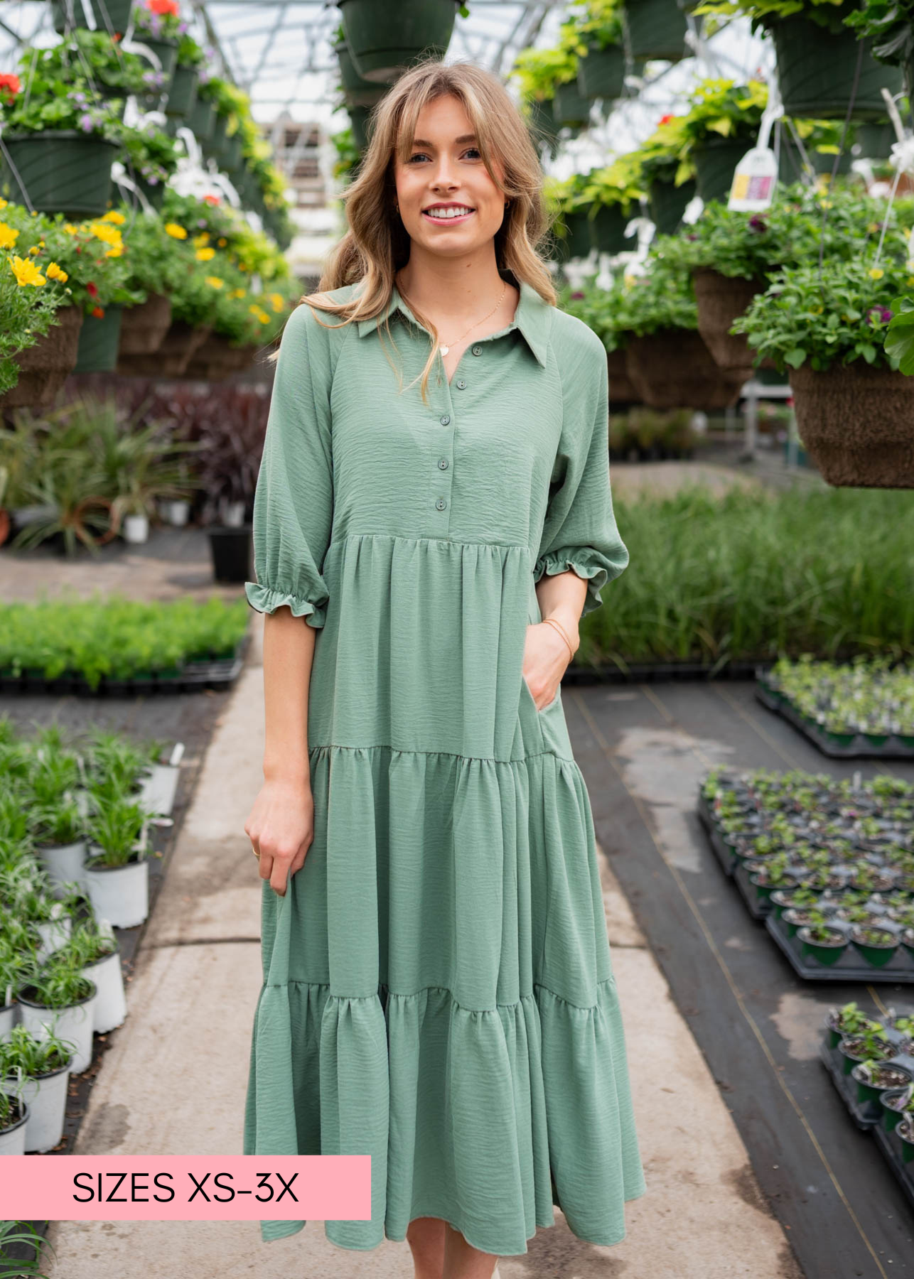 Flora Green Collared Tiered Dress