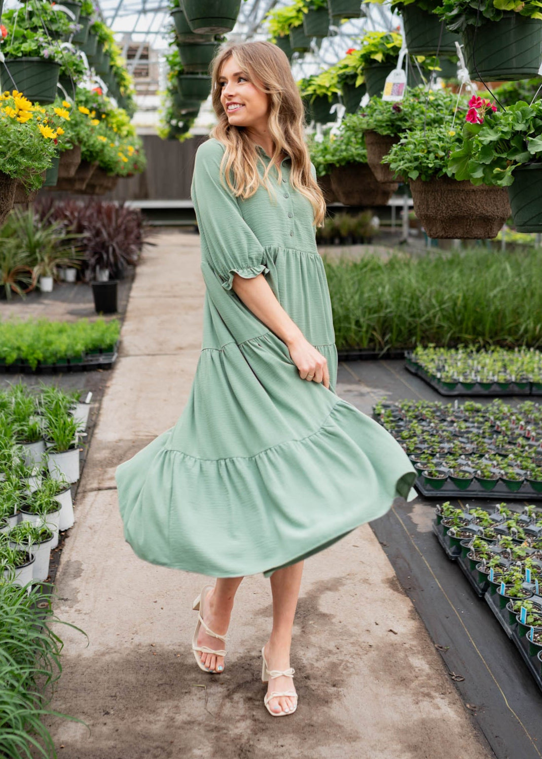 Flora Green Collared Tiered Dress