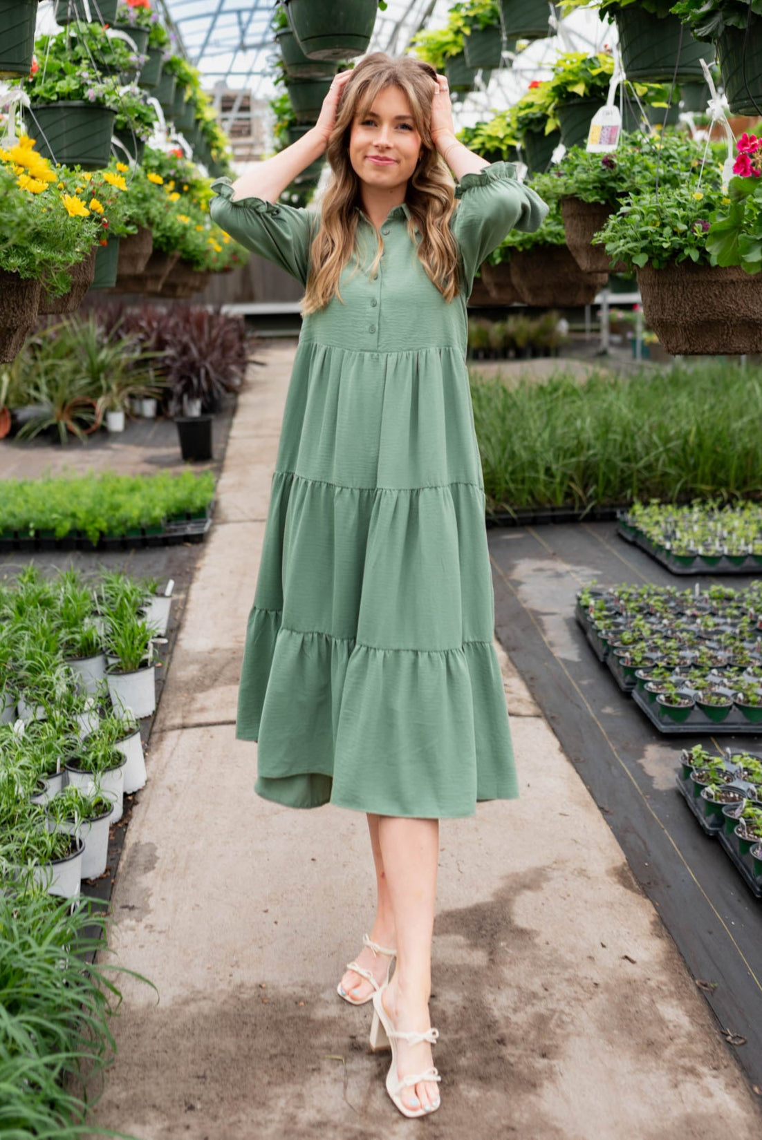 Flora Green Collared Tiered Dress