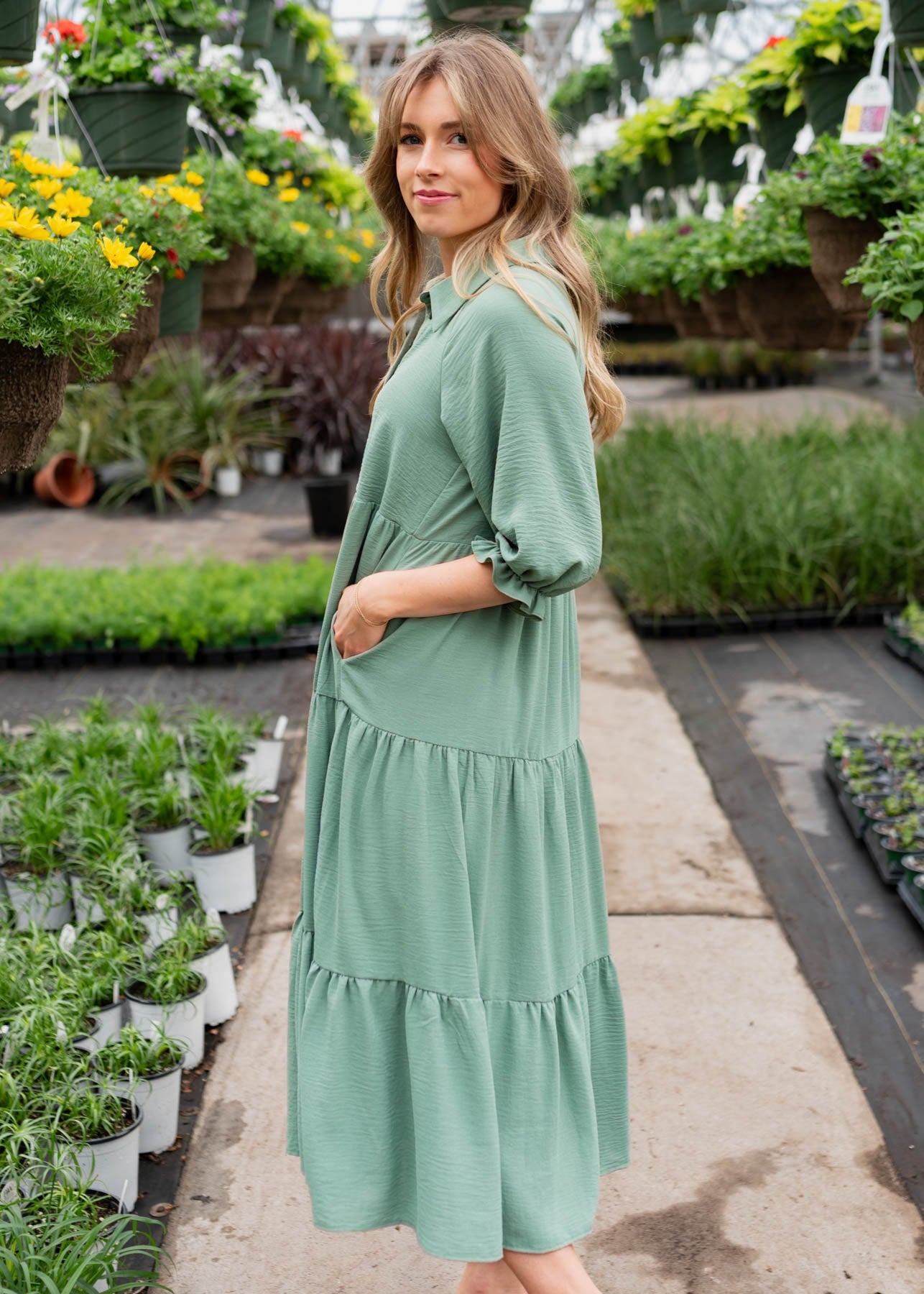 Flora Green Collared Tiered Dress