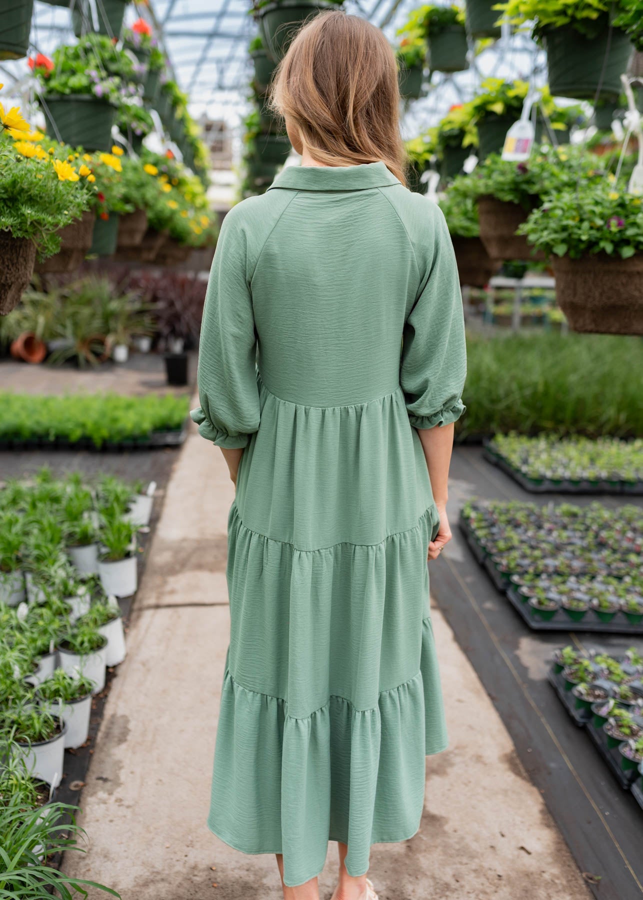Flora Green Collared Tiered Dress