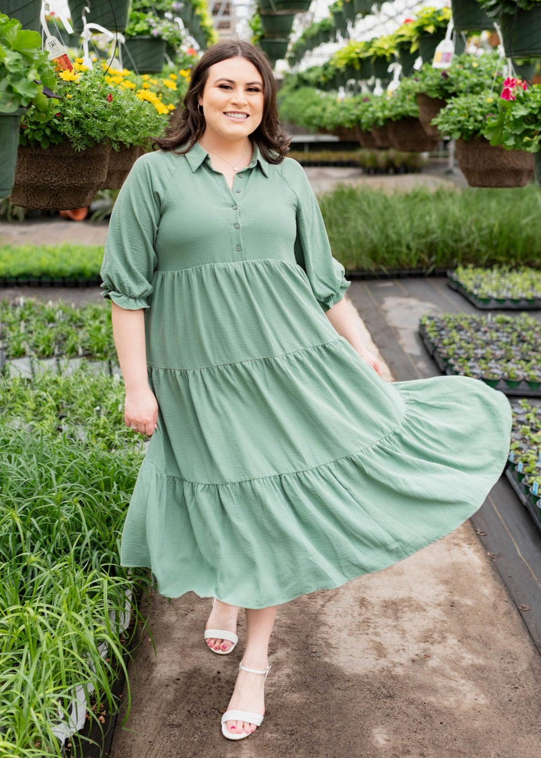Flora Green Collared Tiered Dress