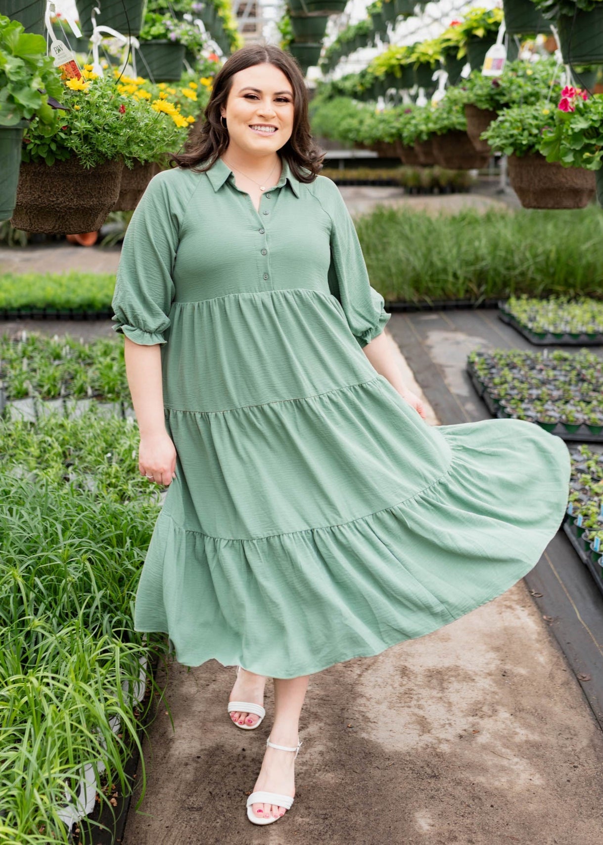 Flora Green Collared Tiered Dress