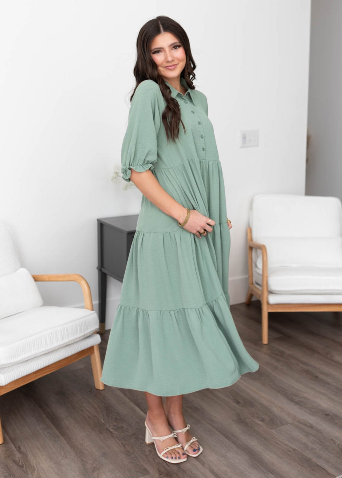 Flora Green Collared Tiered Dress