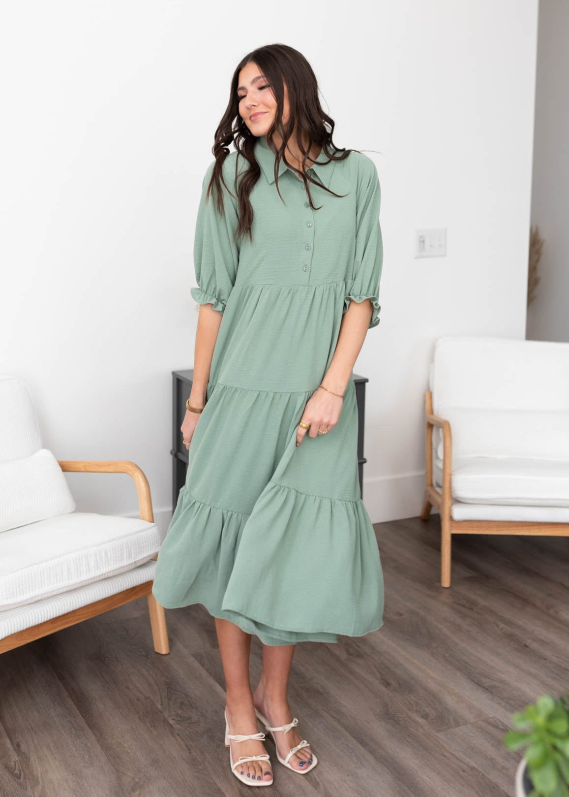 Flora Green Collared Tiered Dress