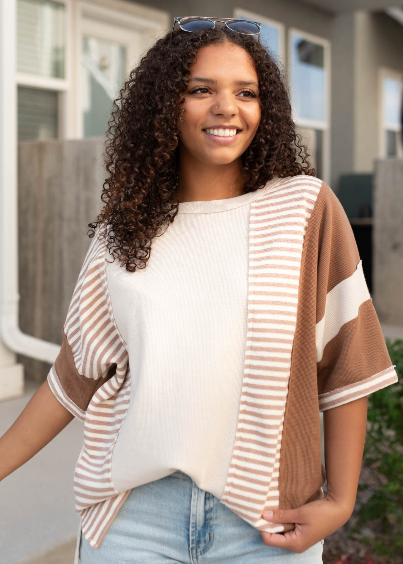 Hadley Tan Mixed Pattern Top