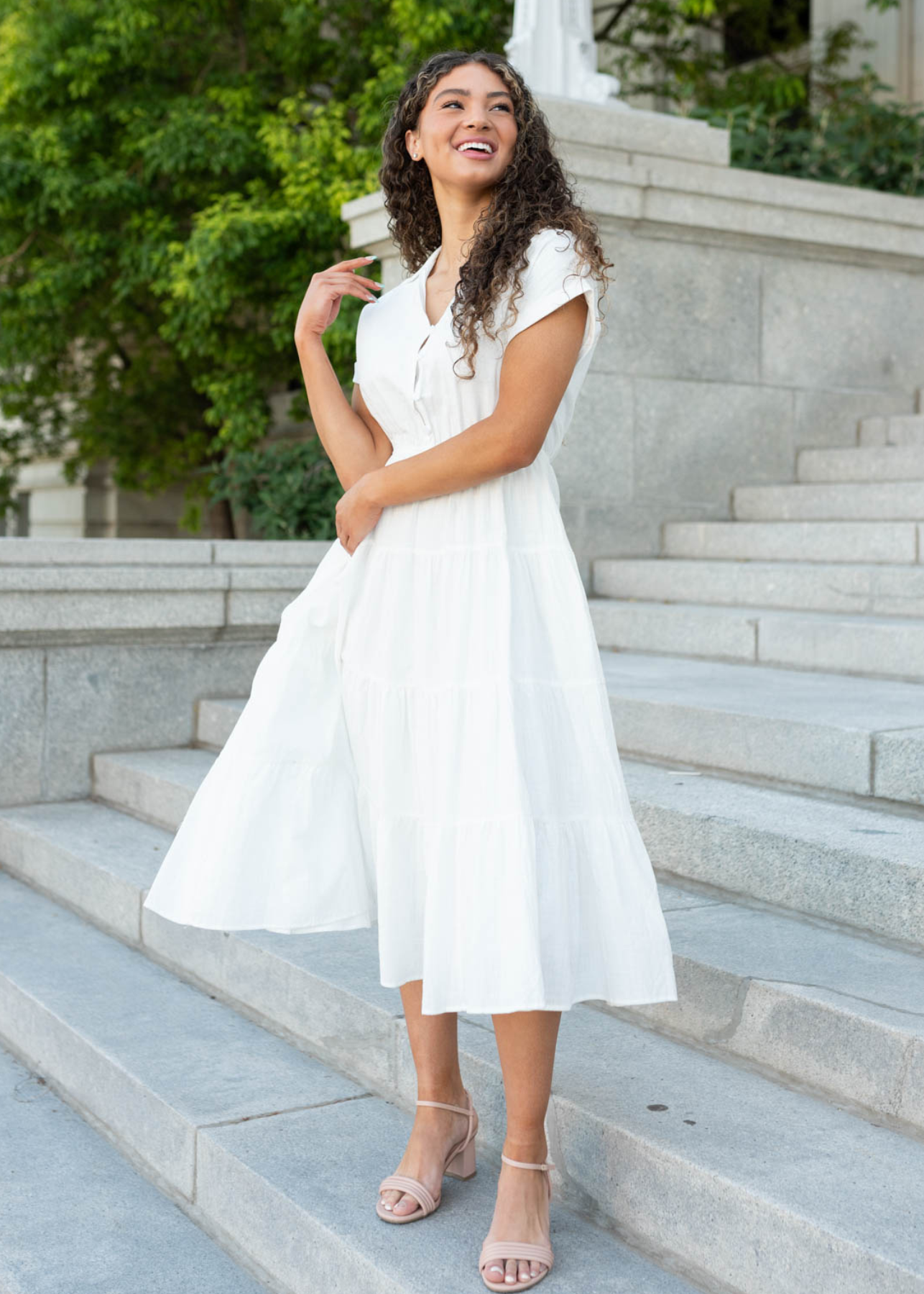 Haley White Collard Tiered Dress