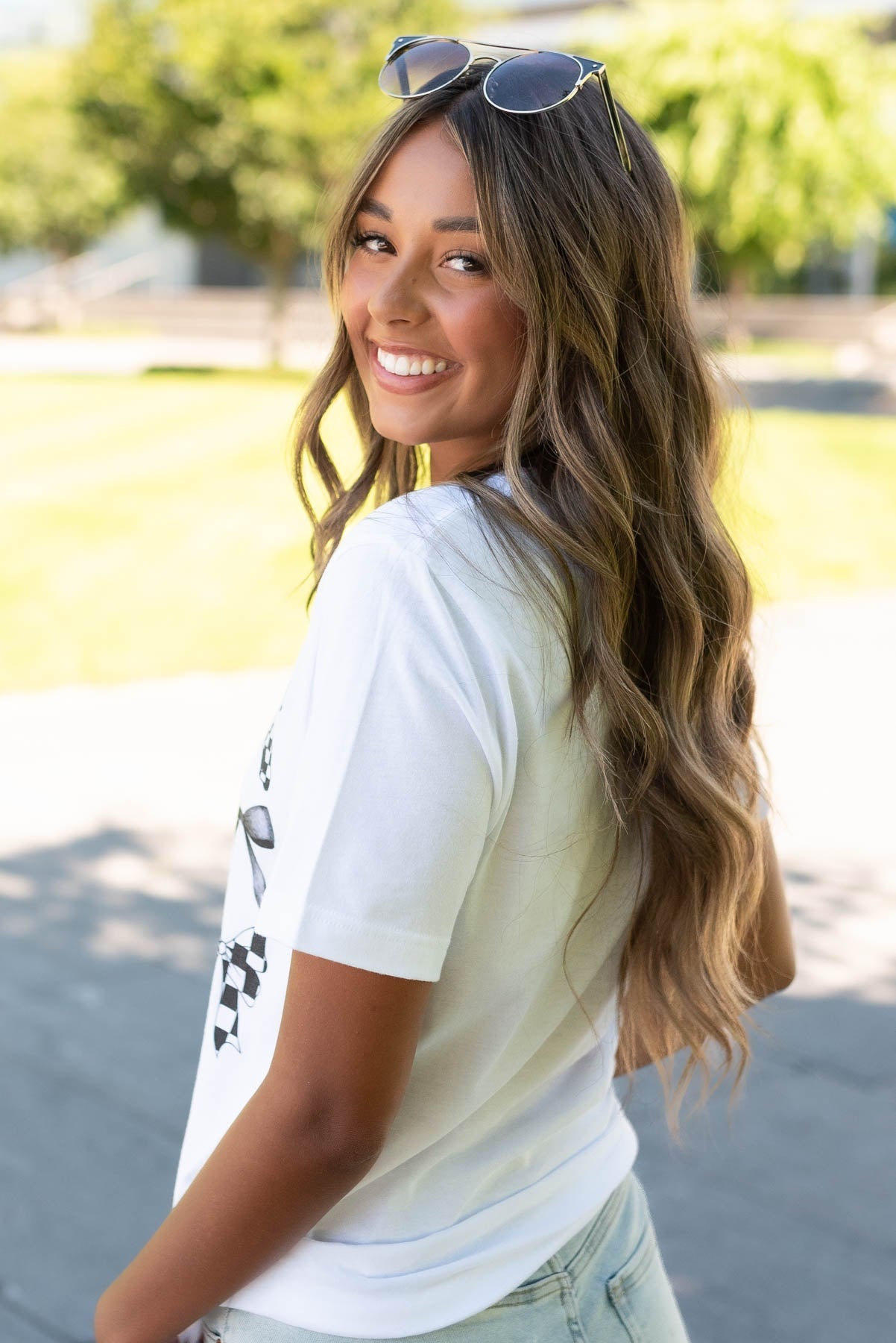 Hayden White Bow Grid Top