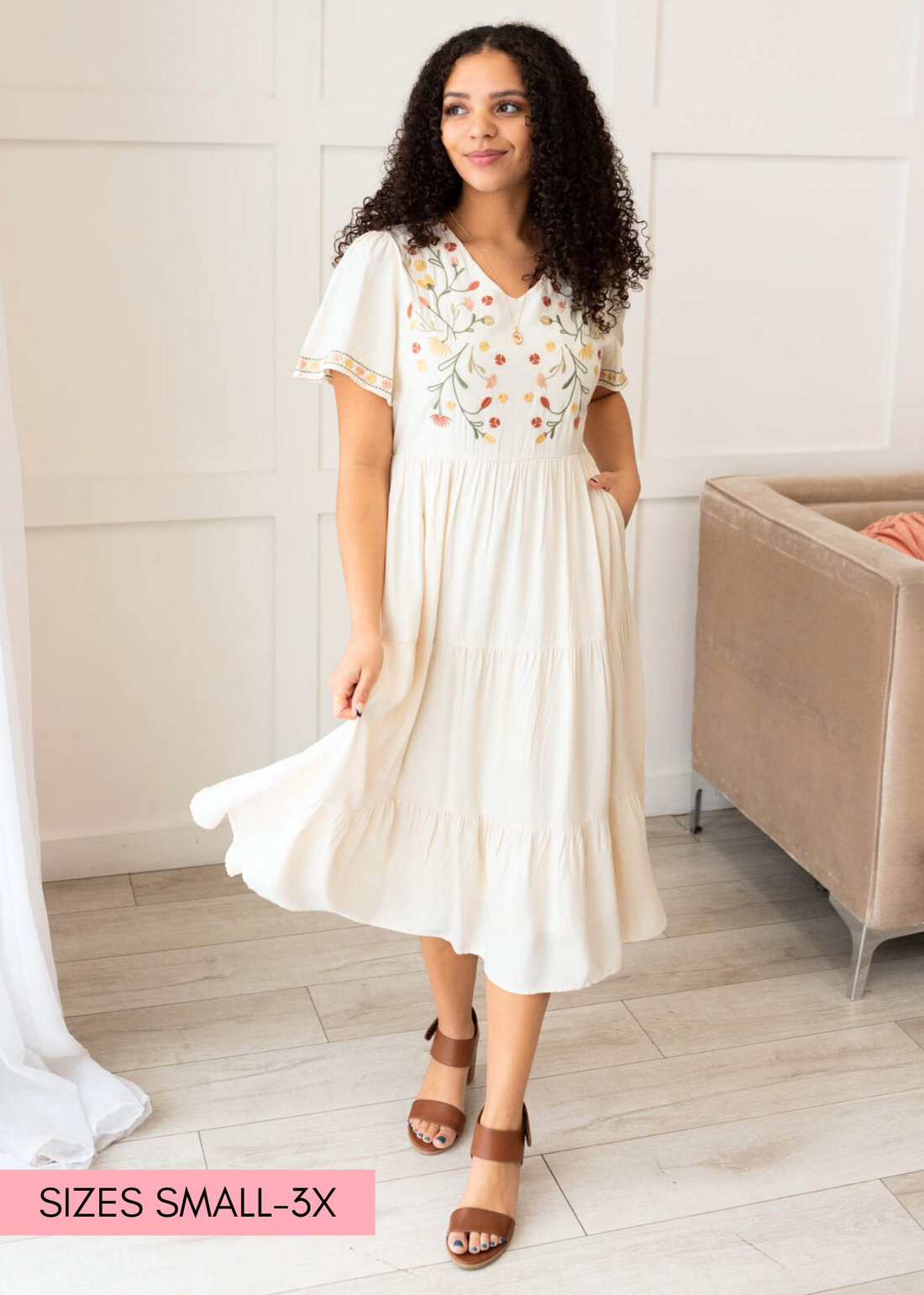 Hazel Ivory Embroidered Tiered Dress