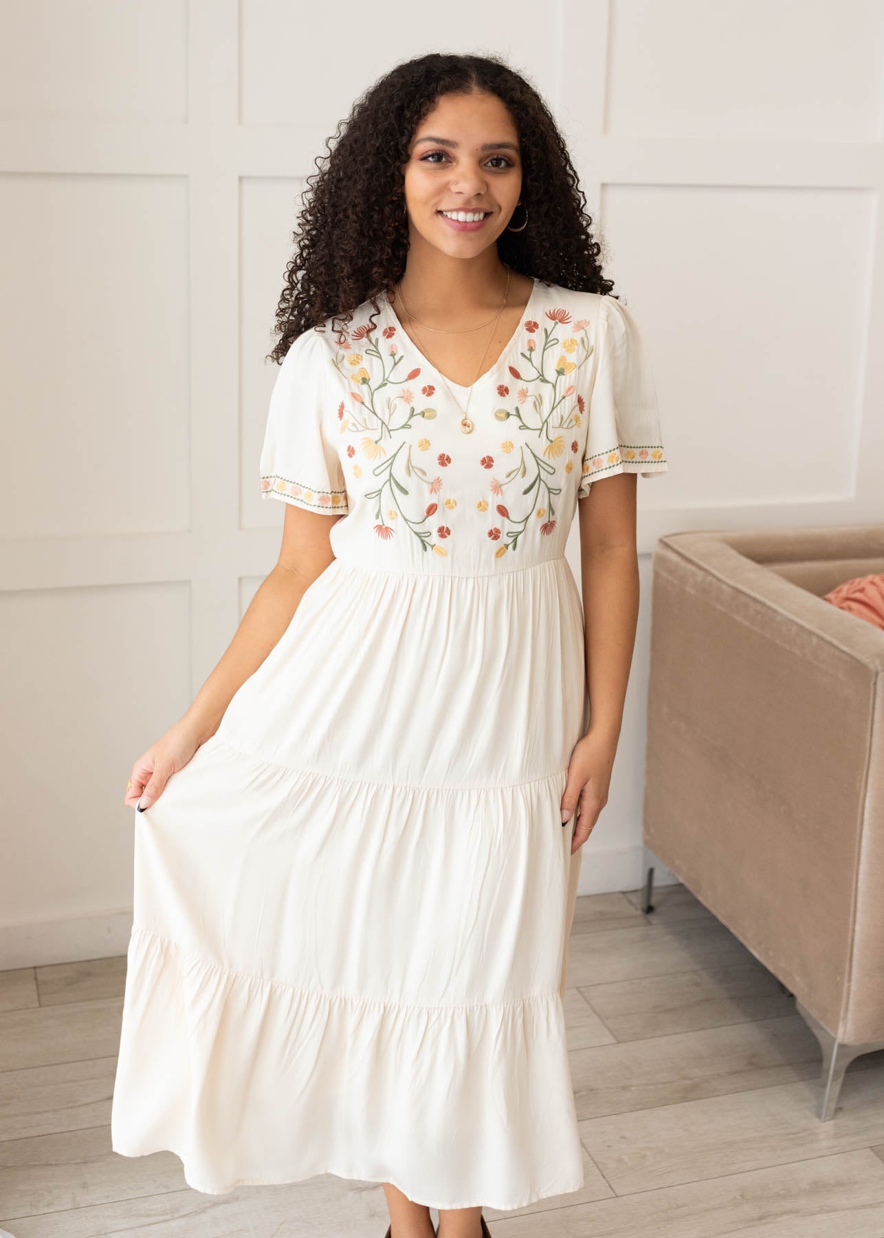 Hazel Ivory Embroidered Tiered Dress