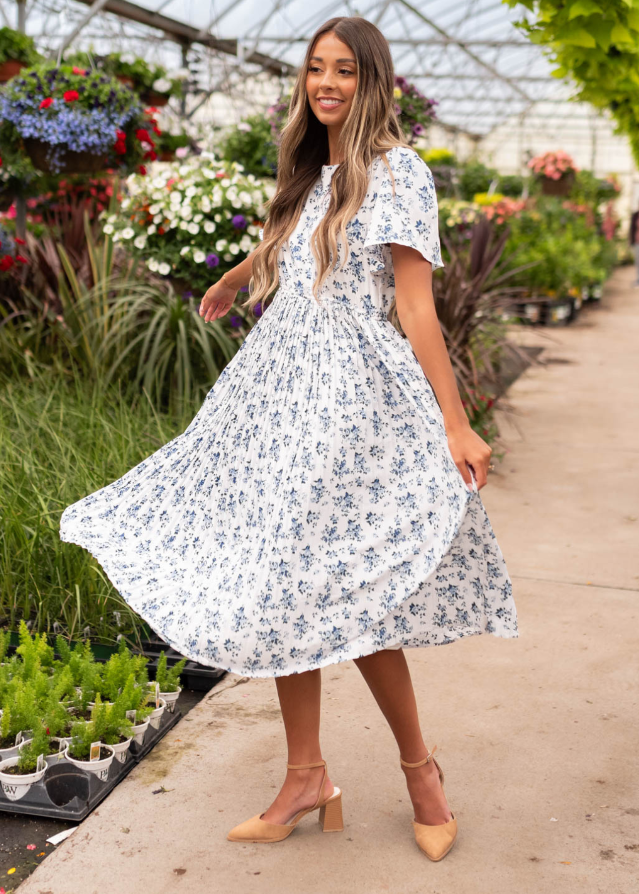 Hazley Blue Floral Pleated Dress