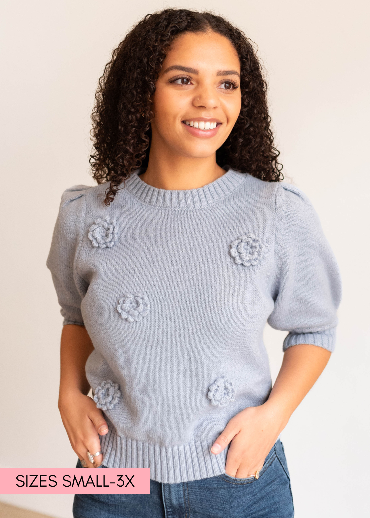 Henna Dusty Blue Floral Knit Sweater