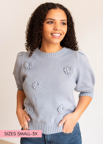 Henna Dusty Blue Floral Knit Sweater