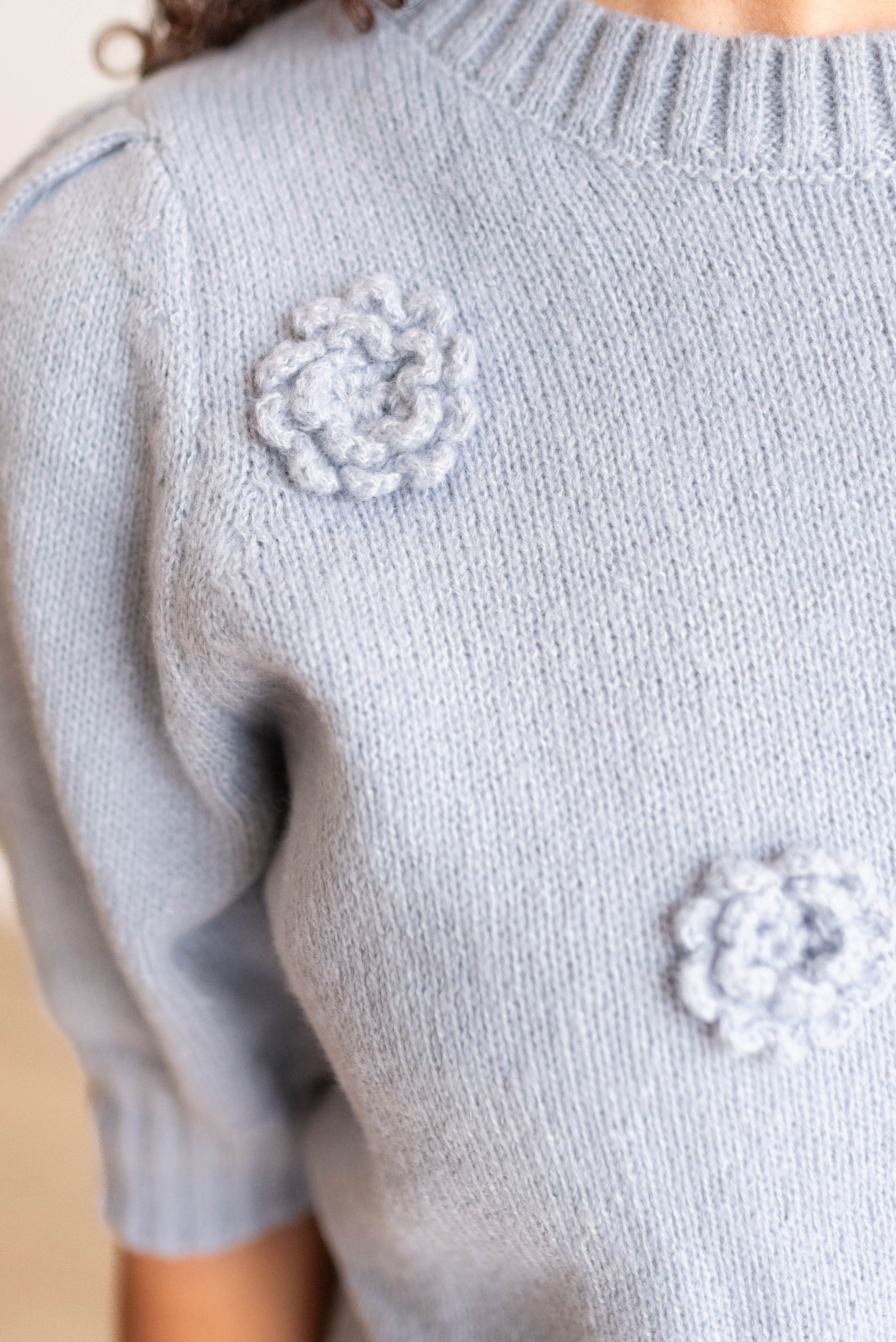 Henna Dusty Blue Floral Knit Sweater