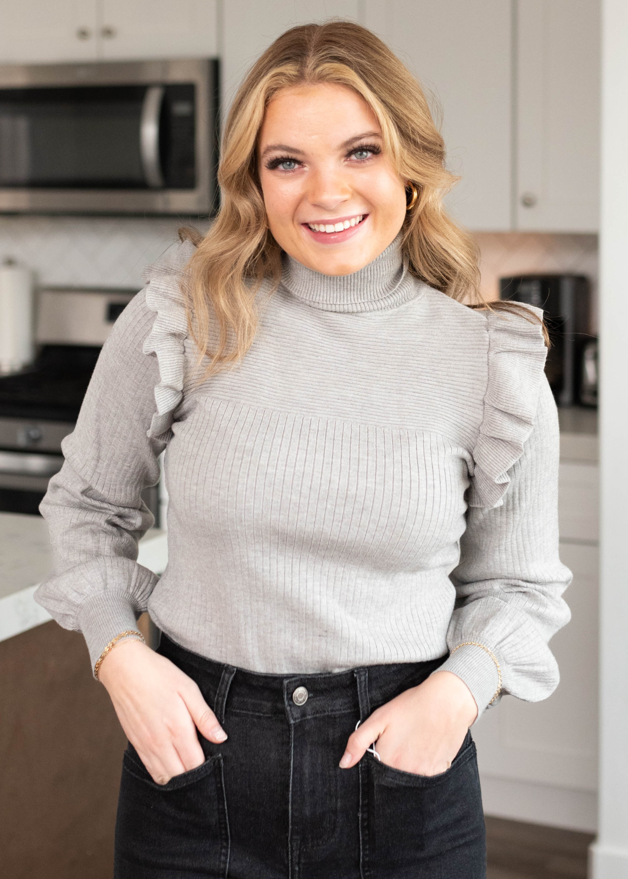 Ileen Heather Grey Ruffle Turtleneck Sweater