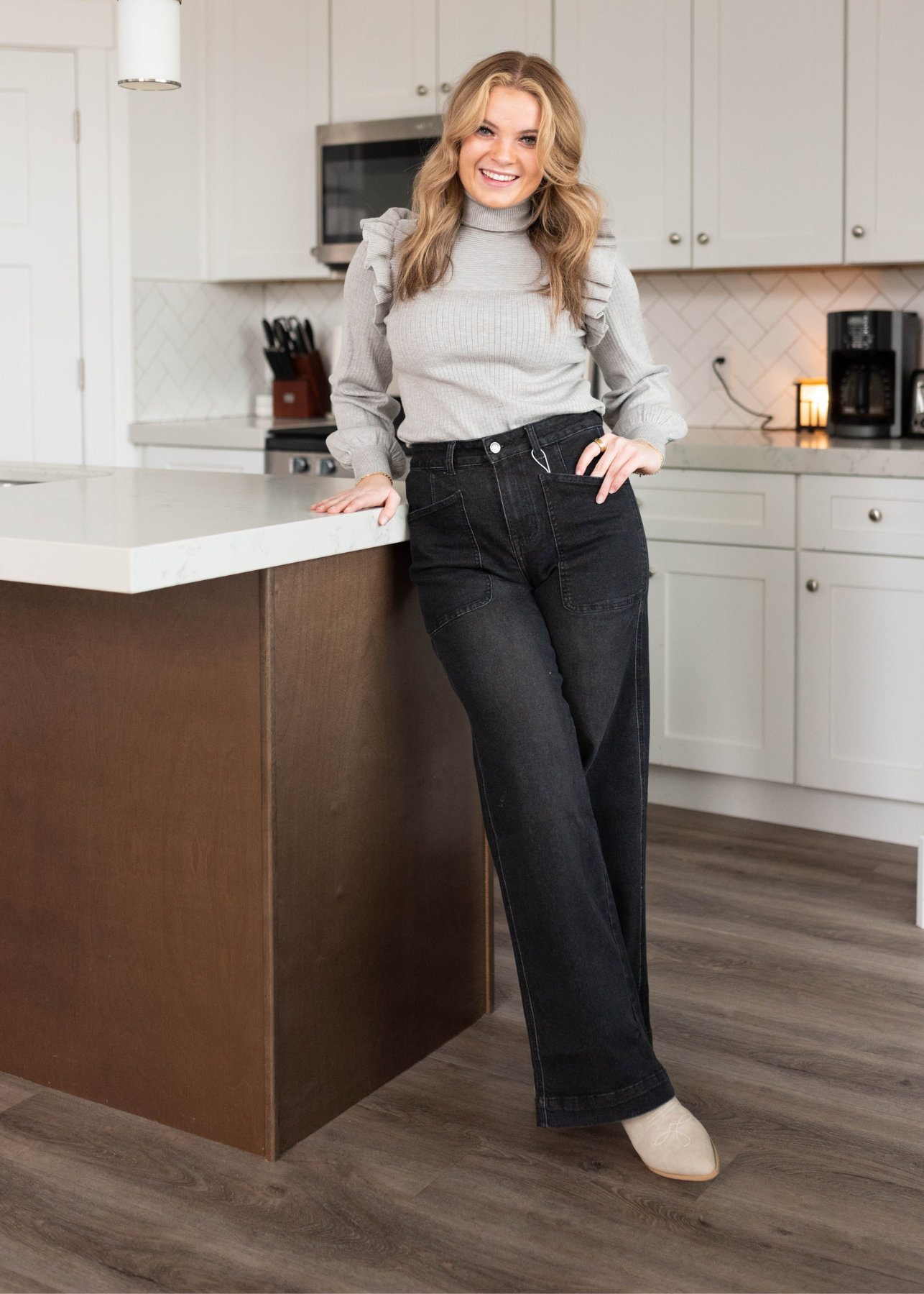 Ileen Heather Grey Ruffle Turtleneck Sweater