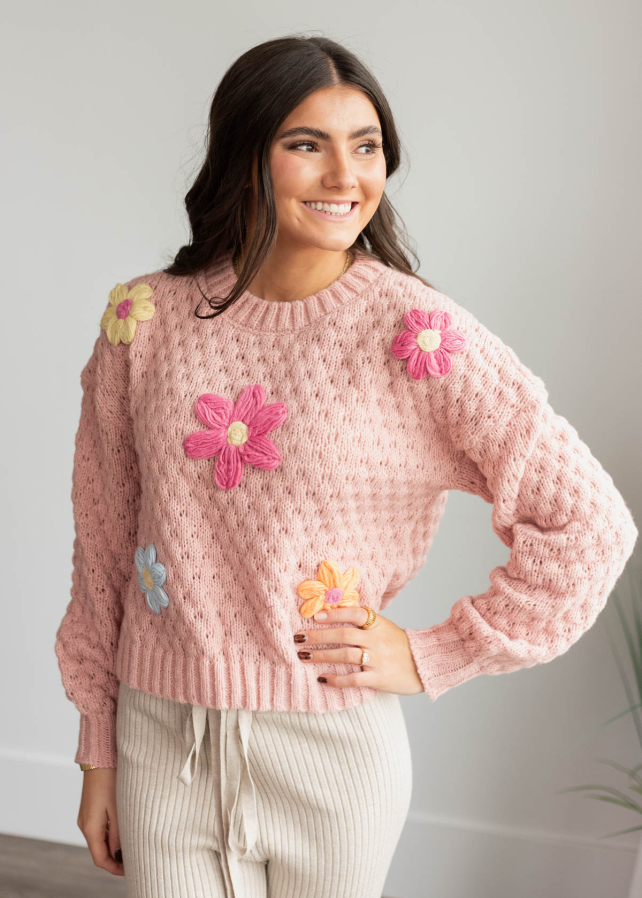 Ilsa Blush Knit Flower Sweater